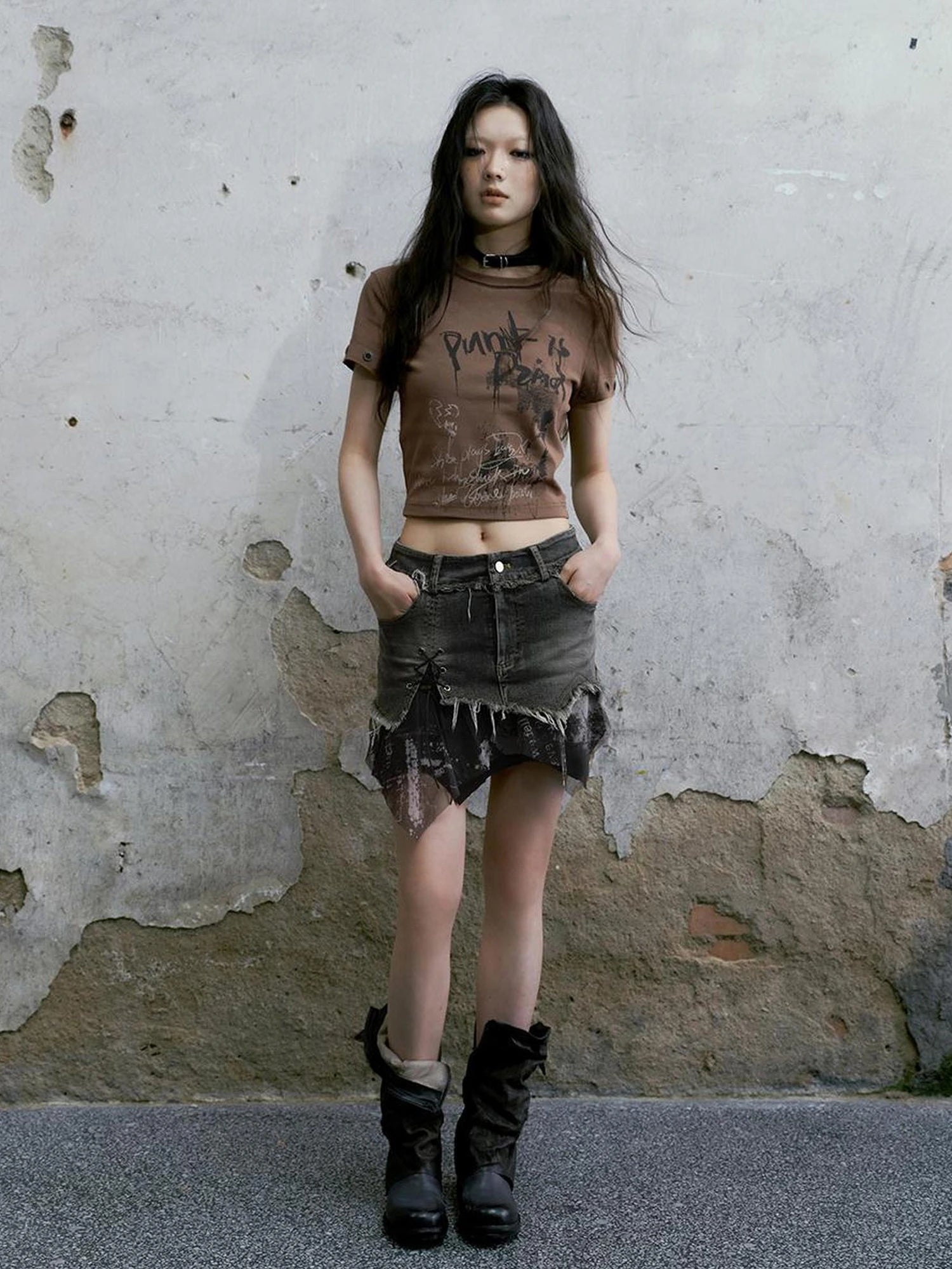 Chinese Clothing Cest Nous Update Punk Graffiti Cropped Tee V-neck T-shirt Long Sleeve
