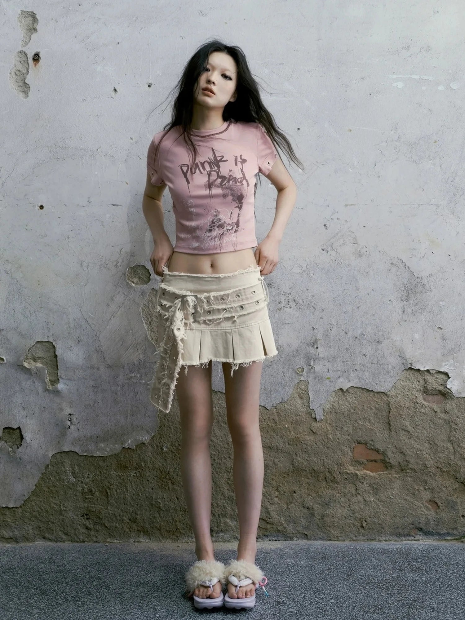 Chinese Clothing Cest Nous Update Punk Graffiti Cropped Tee V-neck T-shirt Long Sleeve
