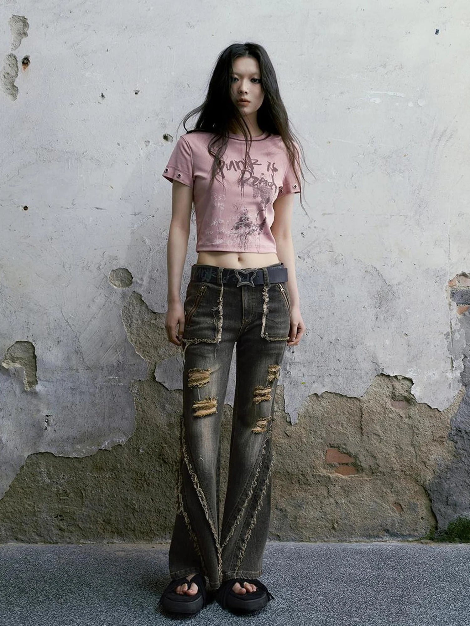 Chinese Clothing Cest Nous Update Punk Graffiti Cropped Tee V-neck T-shirt Long Sleeve
