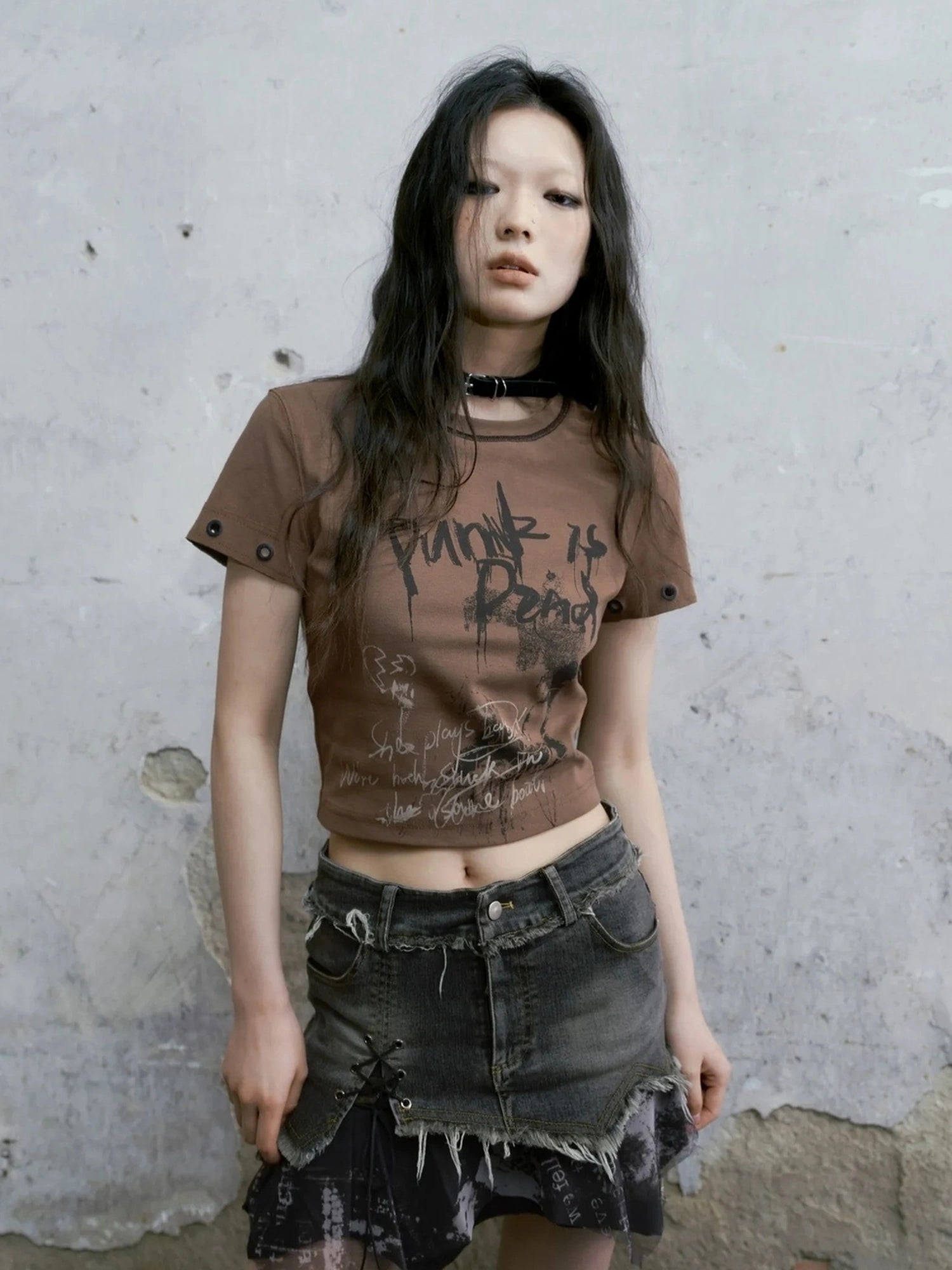 Chinese Clothing Cest Nous Update Punk Graffiti Cropped Tee V-neck T-shirt Long Sleeve