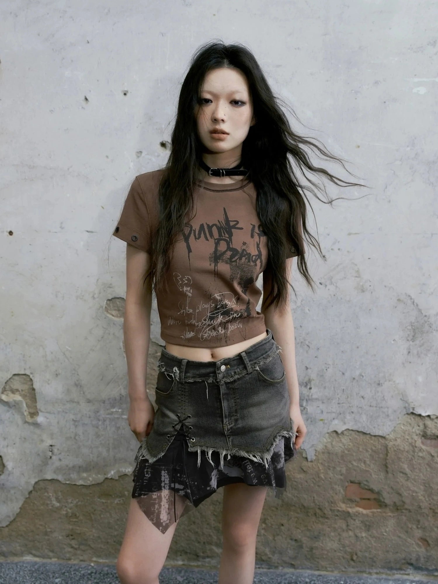 Chinese Clothing Cest Nous Update Punk Graffiti Cropped Tee V-neck T-shirt Long Sleeve