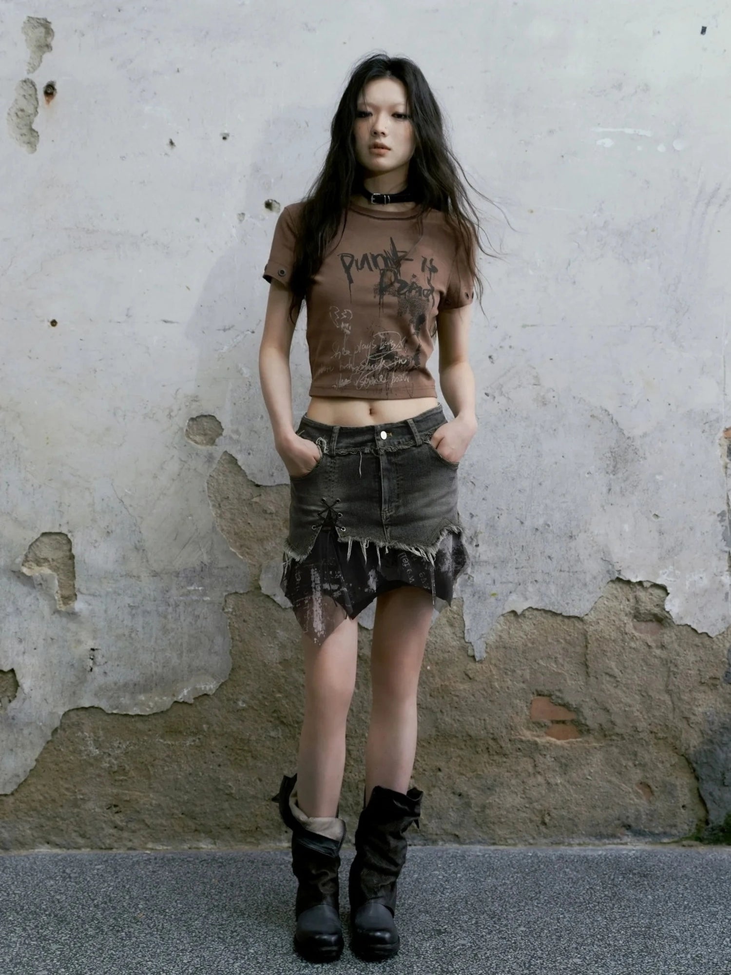 Chinese Clothing Cest Nous Update Punk Graffiti Cropped Tee V-neck T-shirt Long Sleeve