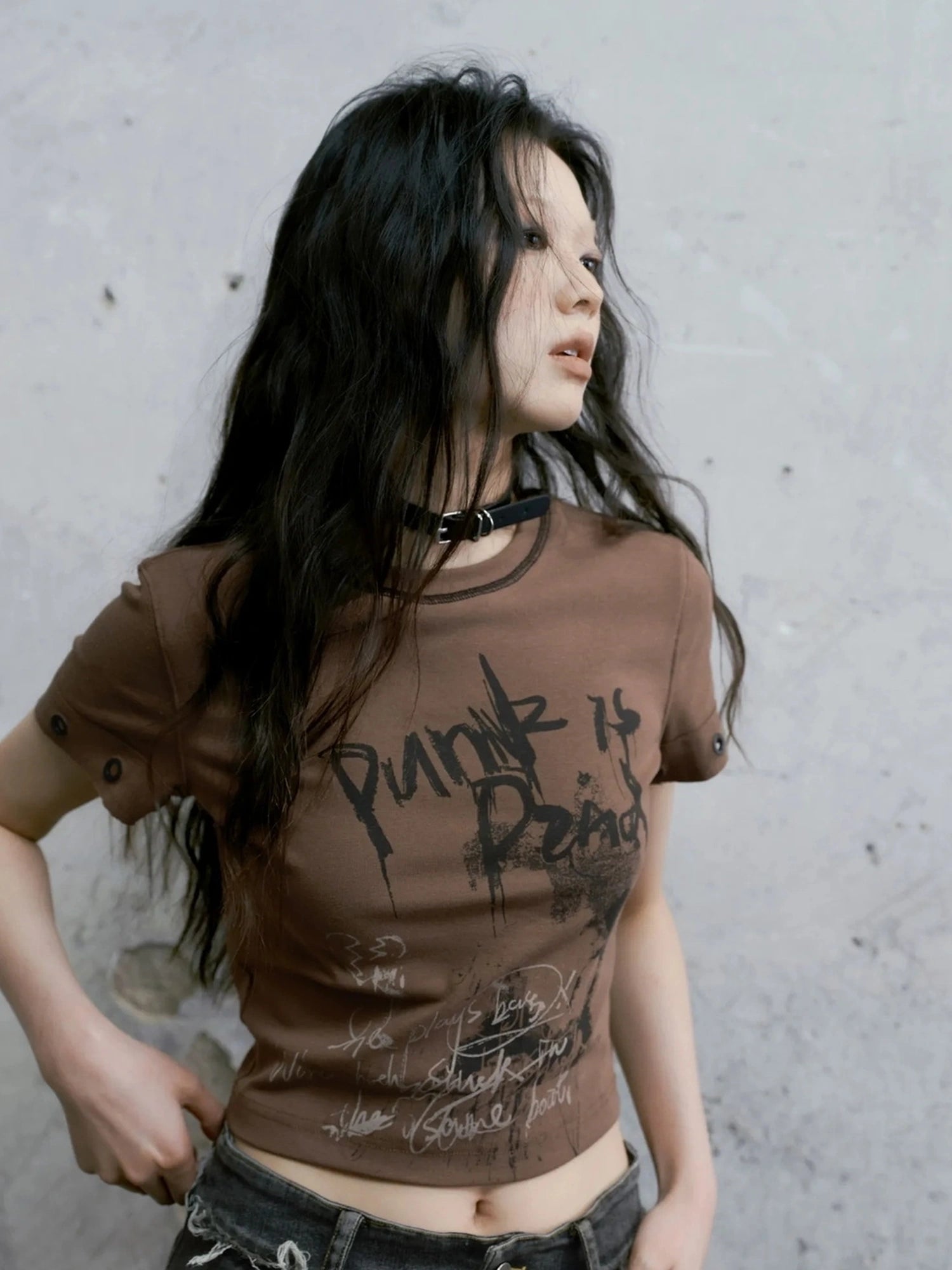 Chinese Clothing Cest Nous Update Punk Graffiti Cropped Tee V-neck T-shirt Long Sleeve
