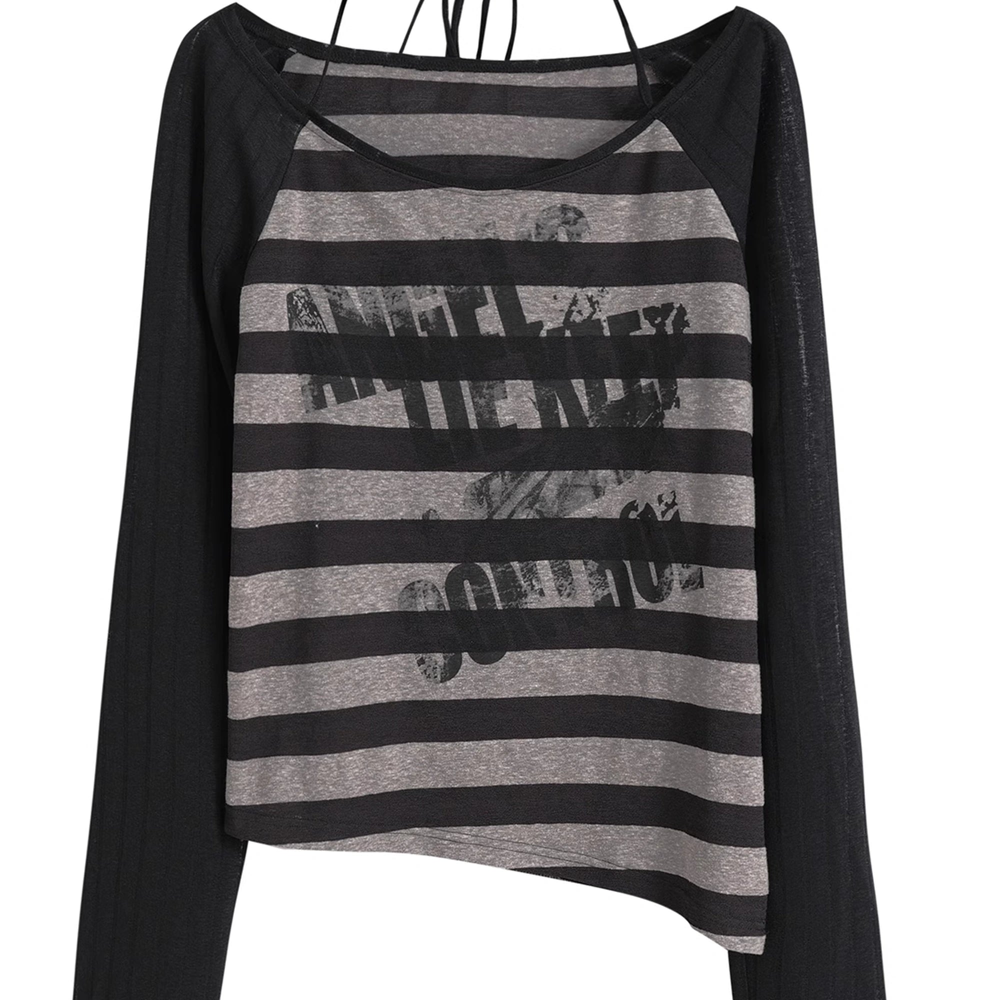 Chinese Clothing Cest Nous Update Punk Graffiti Sheer Striped Cover Up V-neck T-shirt Long Sleeve MISSTT