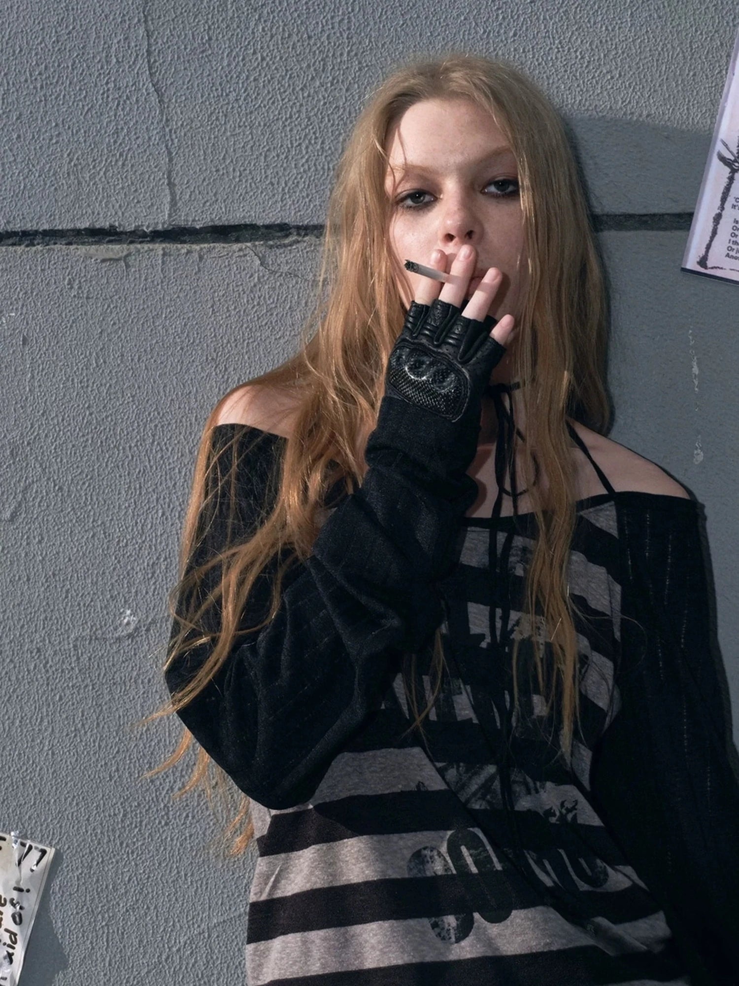 Chinese Clothing Cest Nous Update Punk Graffiti Sheer Striped Cover Up V-neck T-shirt Long Sleeve