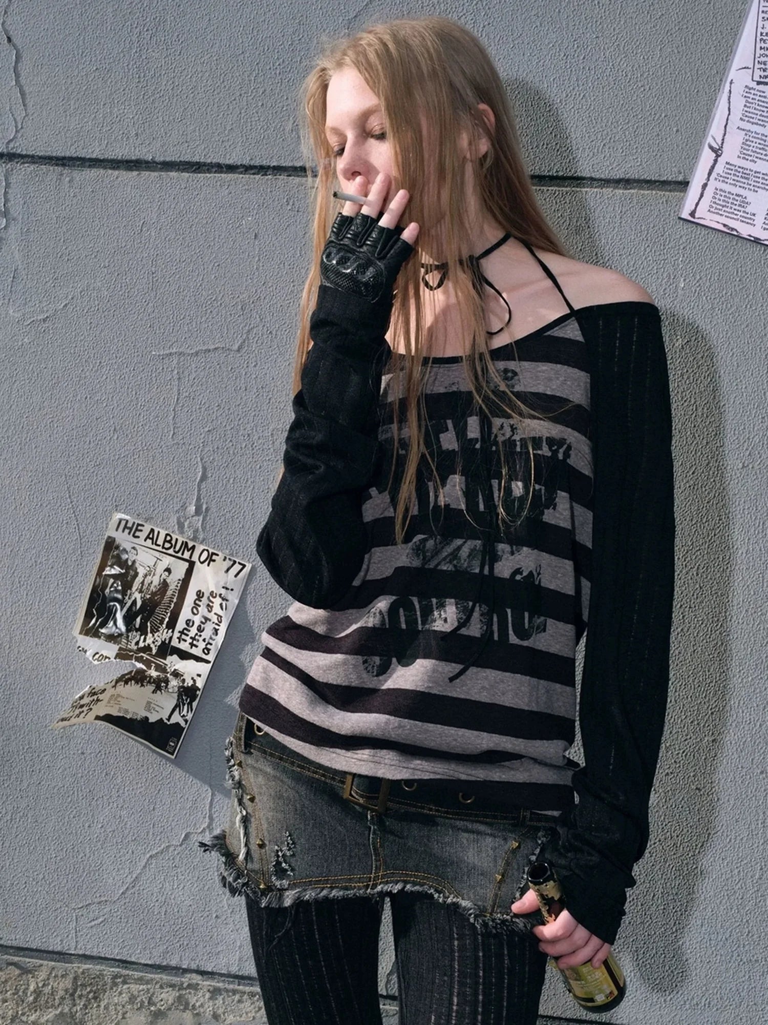 Chinese Clothing Cest Nous Update Punk Graffiti Sheer Striped Cover Up V-neck T-shirt Long Sleeve