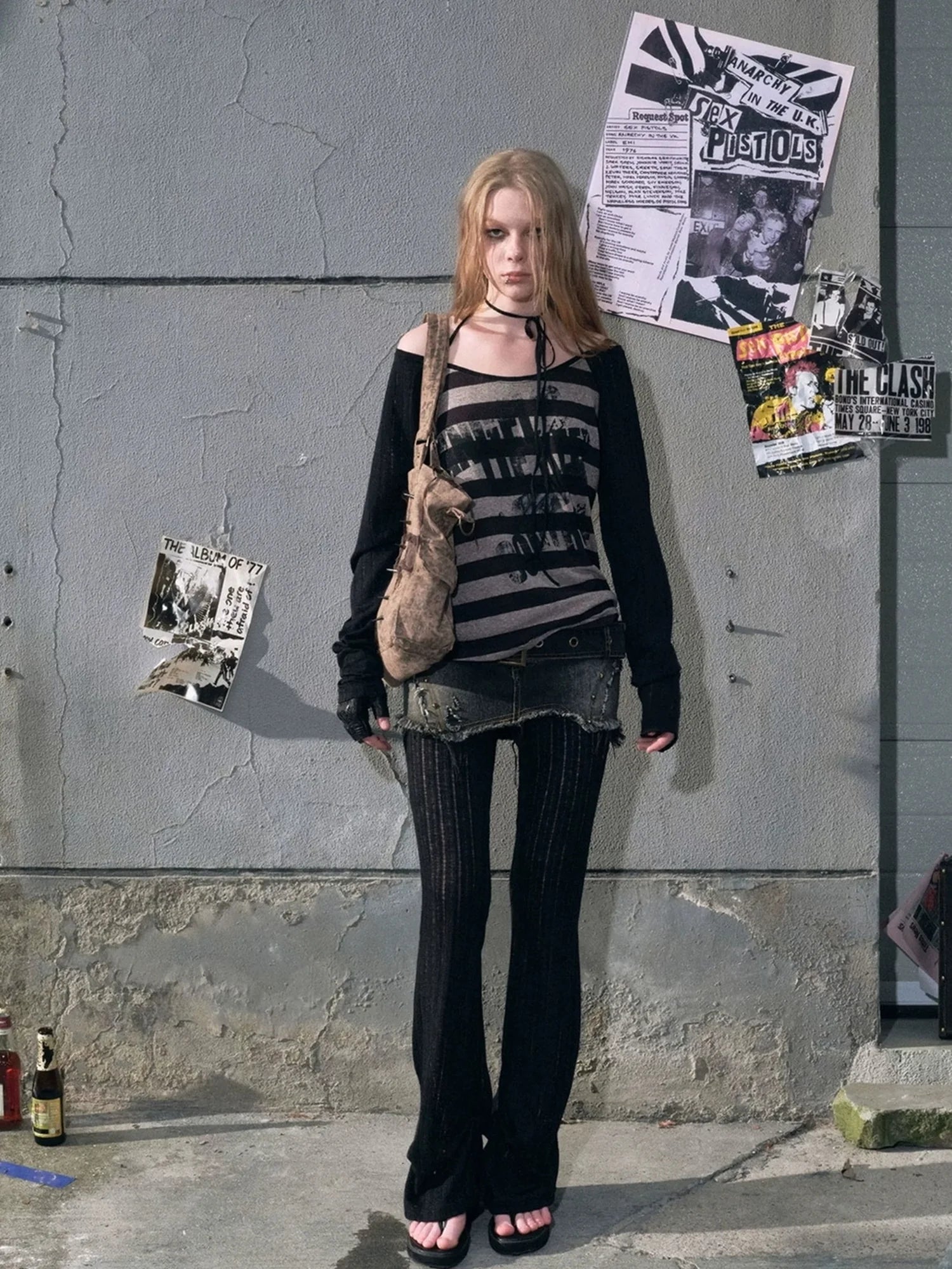Chinese Clothing Cest Nous Update Punk Graffiti Sheer Striped Cover Up V-neck T-shirt Long Sleeve