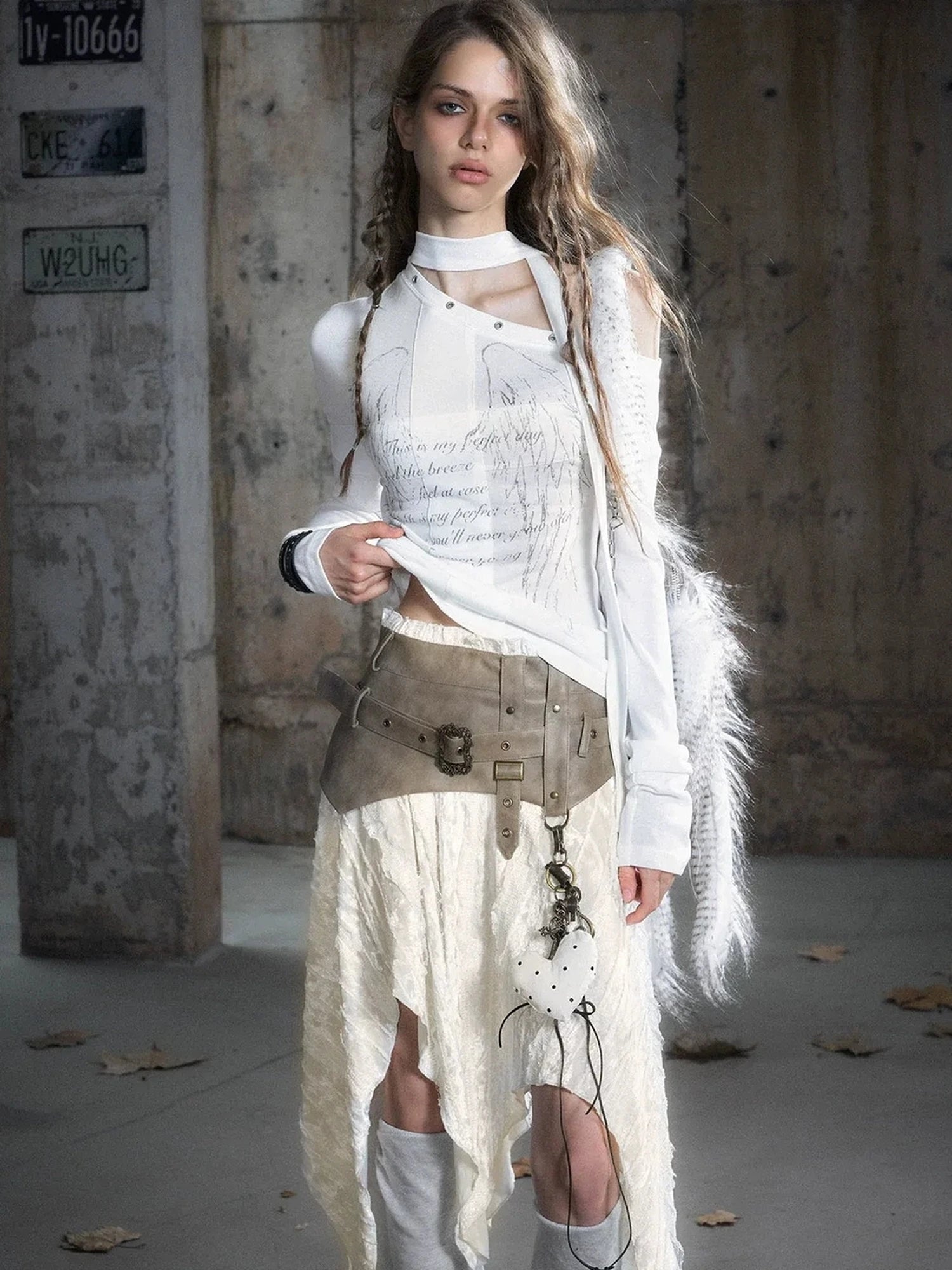 Chinese Clothing Cest Nous Update Punk Patchwork Velvet Skirt With Asymmetric Plaid Hem