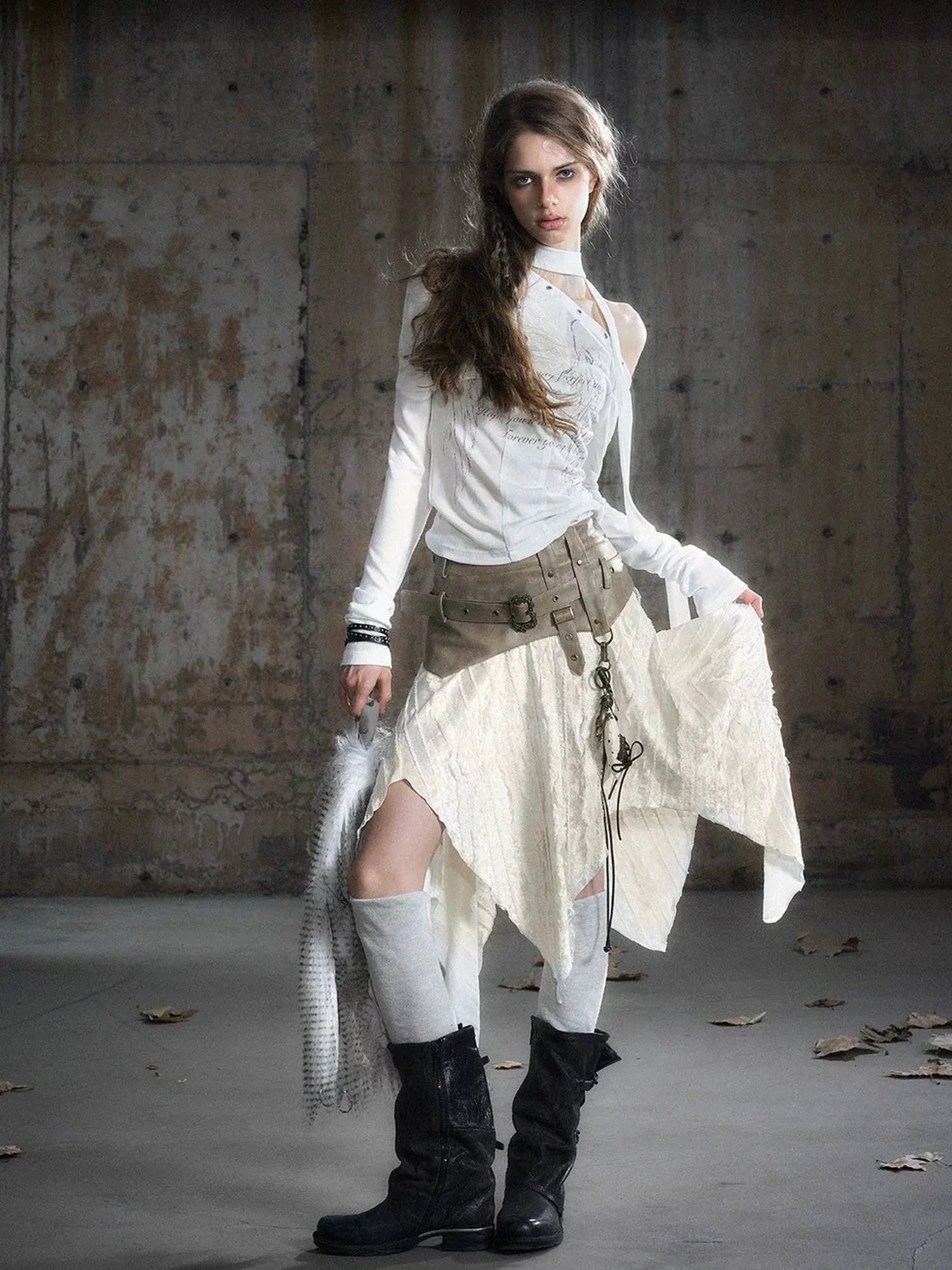Chinese Clothing Cest Nous Update Punk Patchwork Velvet Skirt With Asymmetric Plaid Hem
