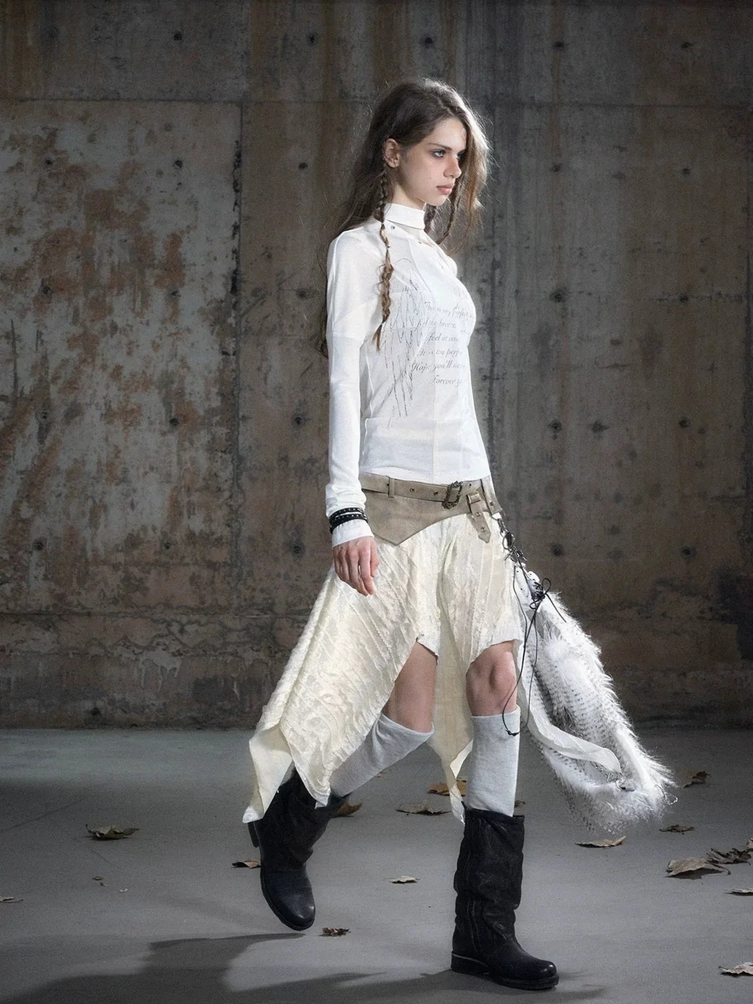 Chinese Clothing Cest Nous Update Punk Patchwork Velvet Skirt With Asymmetric Plaid Hem