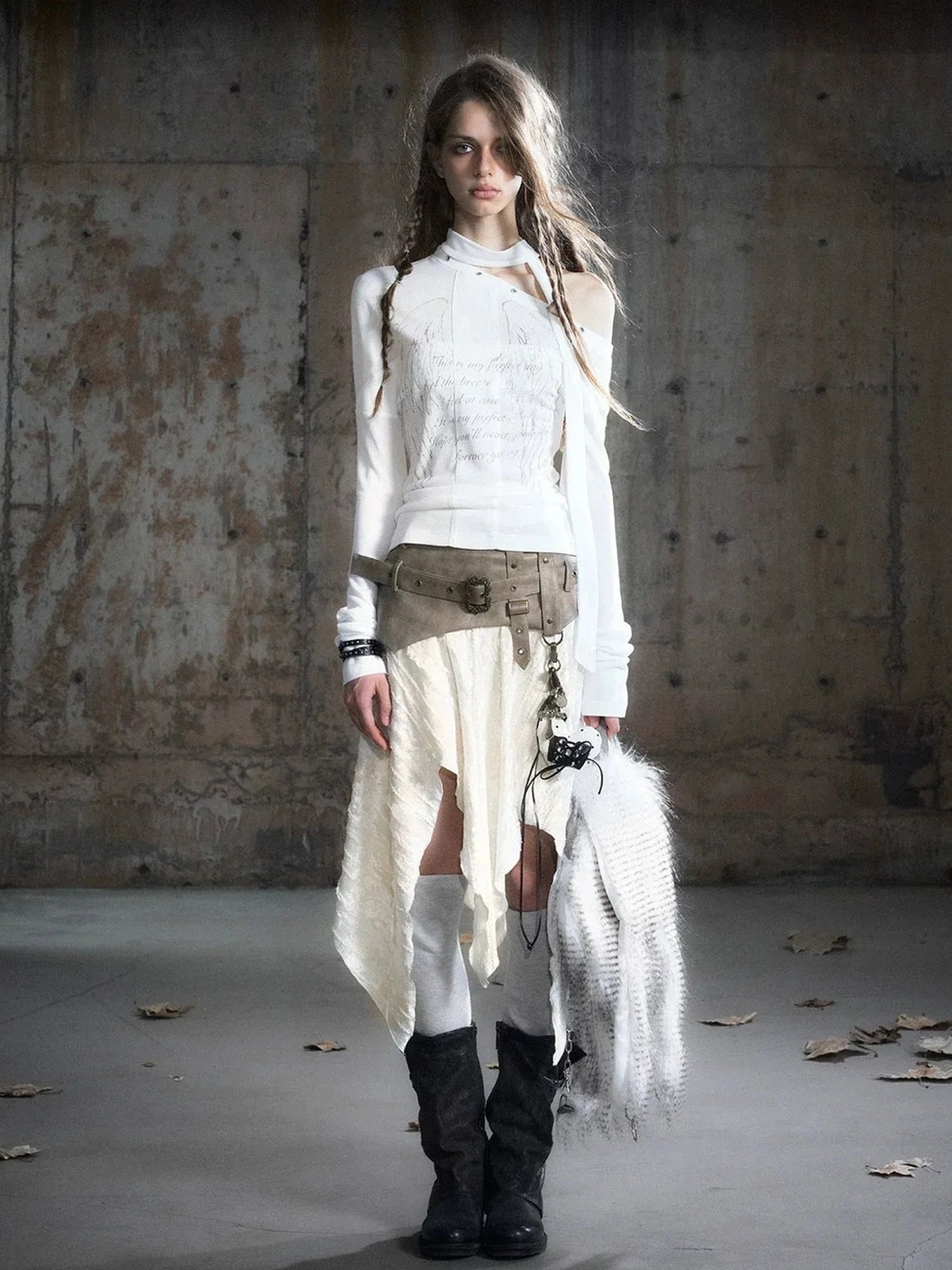 Chinese Clothing Cest Nous Update Punk Patchwork Velvet Skirt With Asymmetric Plaid Hem