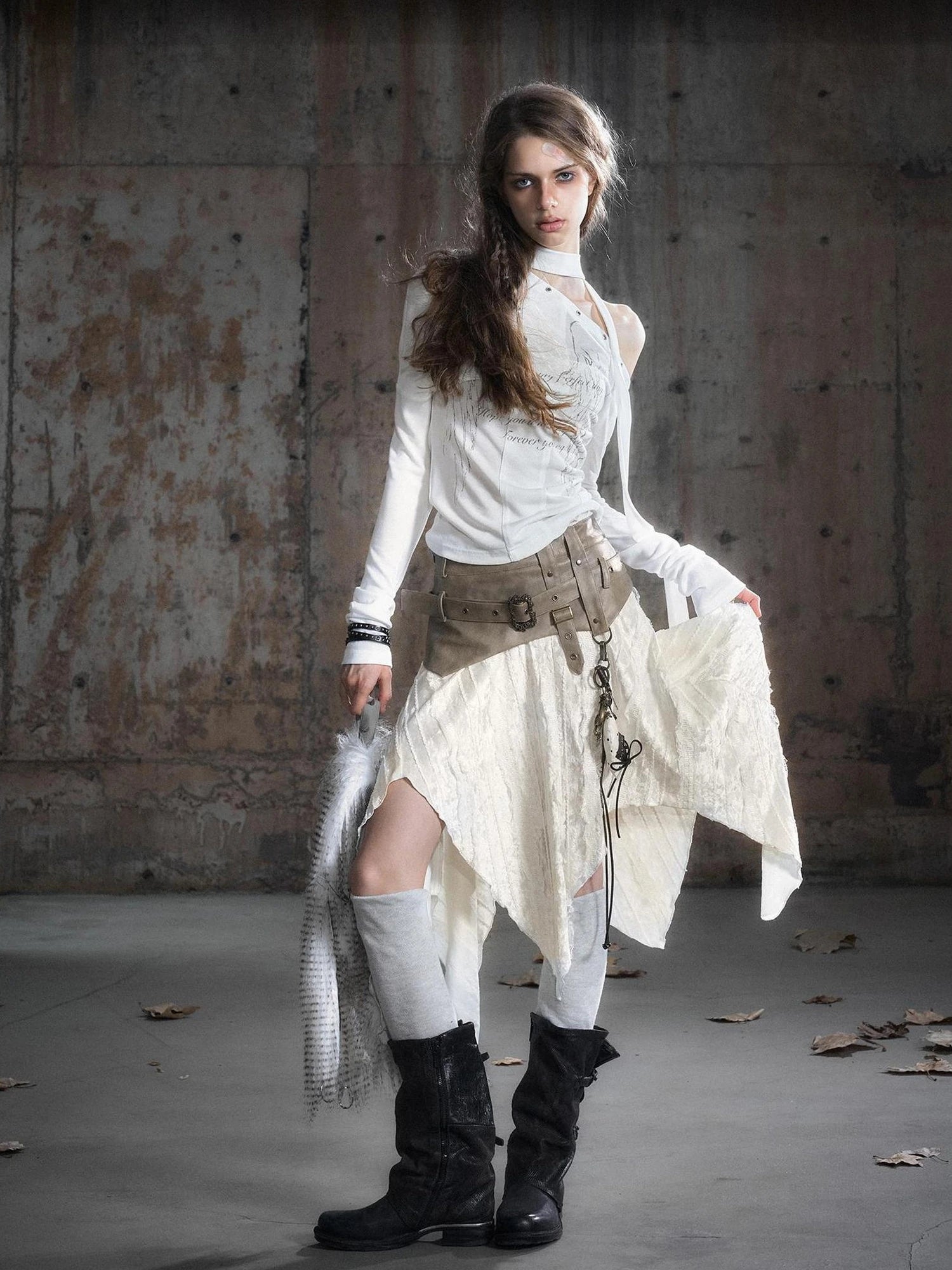 Chinese Clothing Cest Nous Update Punk Patchwork Velvet Skirt With Asymmetric Plaid Hem