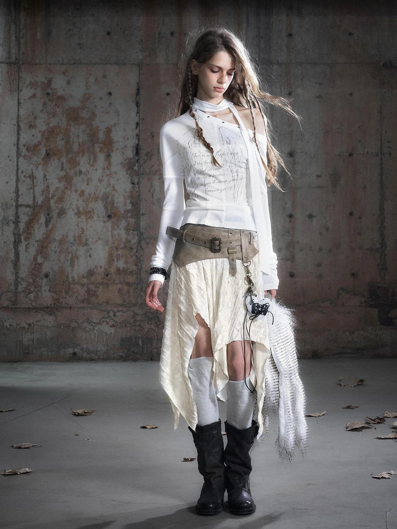 Chinese Clothing Cest Nous Update Punk Patchwork Velvet Skirt With Asymmetric Plaid Hem