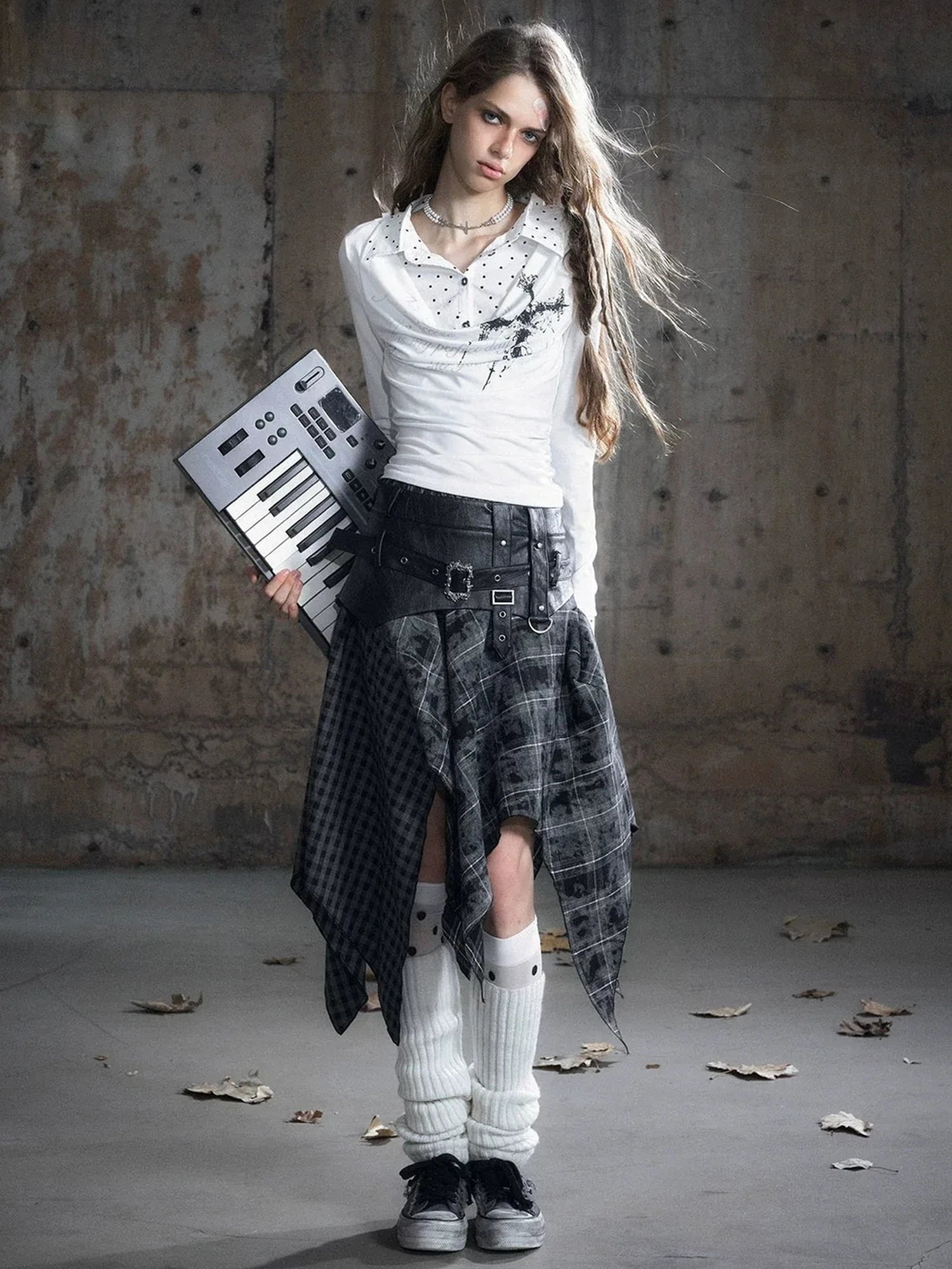 Chinese Clothing Cest Nous Update Punk Patchwork Velvet Skirt With Asymmetric Plaid Hem