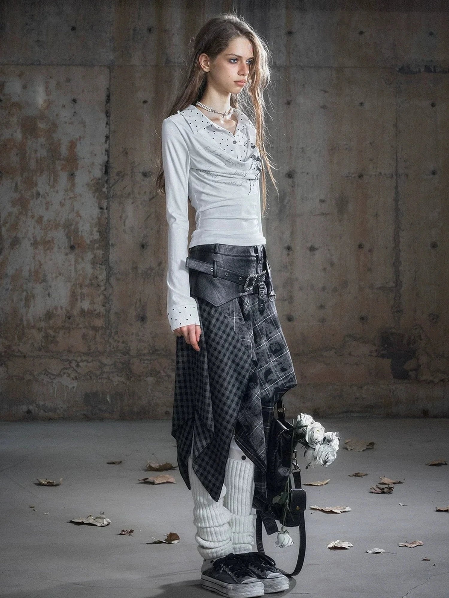 Chinese Clothing Cest Nous Update Punk Patchwork Velvet Skirt With Asymmetric Plaid Hem