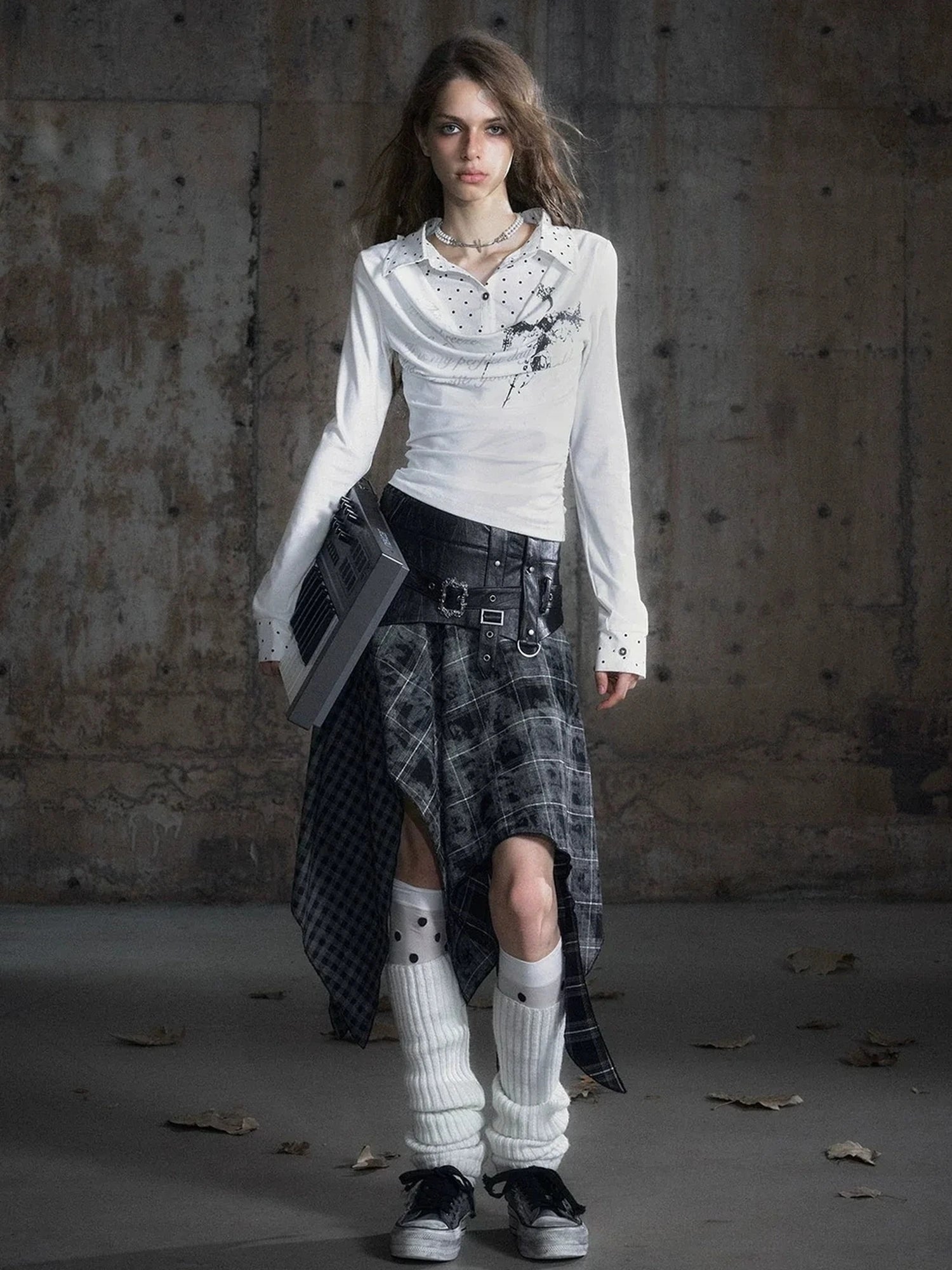 Chinese Clothing Cest Nous Update Punk Patchwork Velvet Skirt With Asymmetric Plaid Hem