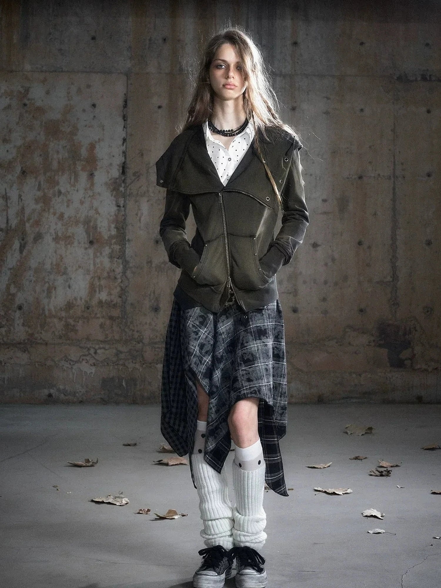 Chinese Clothing Cest Nous Update Punk Patchwork Velvet Skirt With Asymmetric Plaid Hem