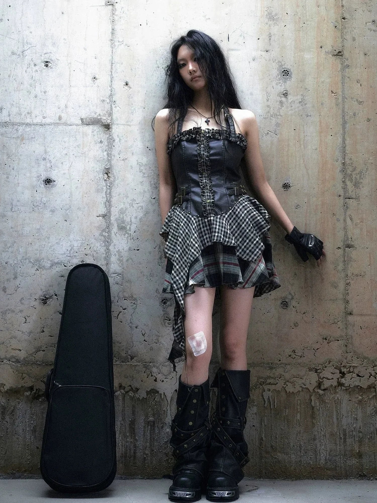 Chinese Clothing Cest Nous Update Punk Plaid Velvet Slip V-neck Dress