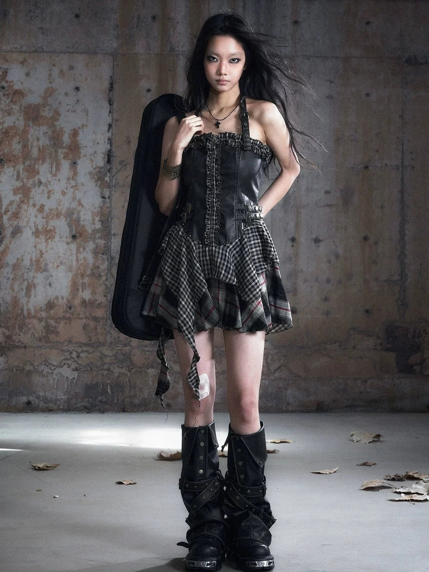 Chinese Clothing Cest Nous Update Punk Plaid Velvet Slip V-neck Dress