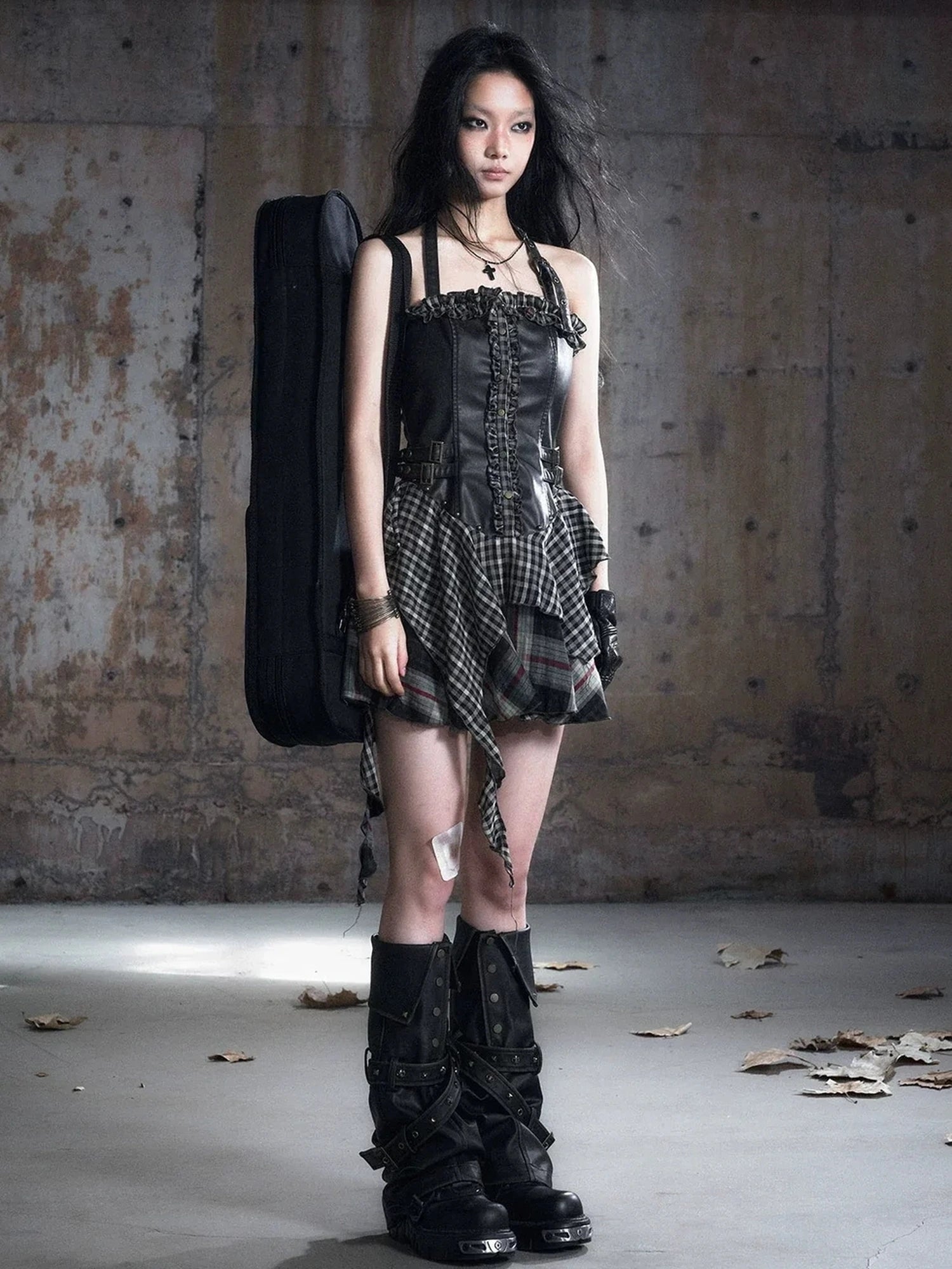 Chinese Clothing Cest Nous Update Punk Plaid Velvet Slip V-neck Dress