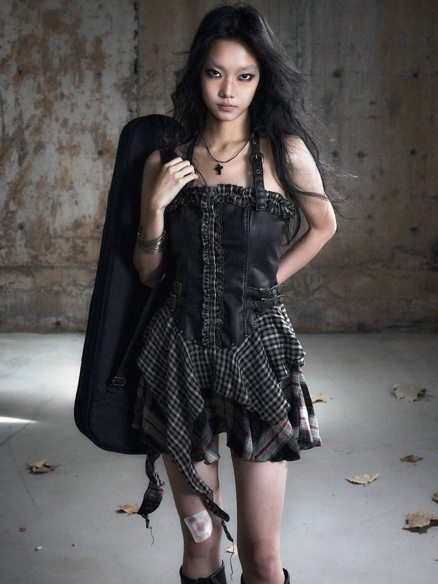 Chinese Clothing Cest Nous Update Punk Plaid Velvet Slip V-neck Dress