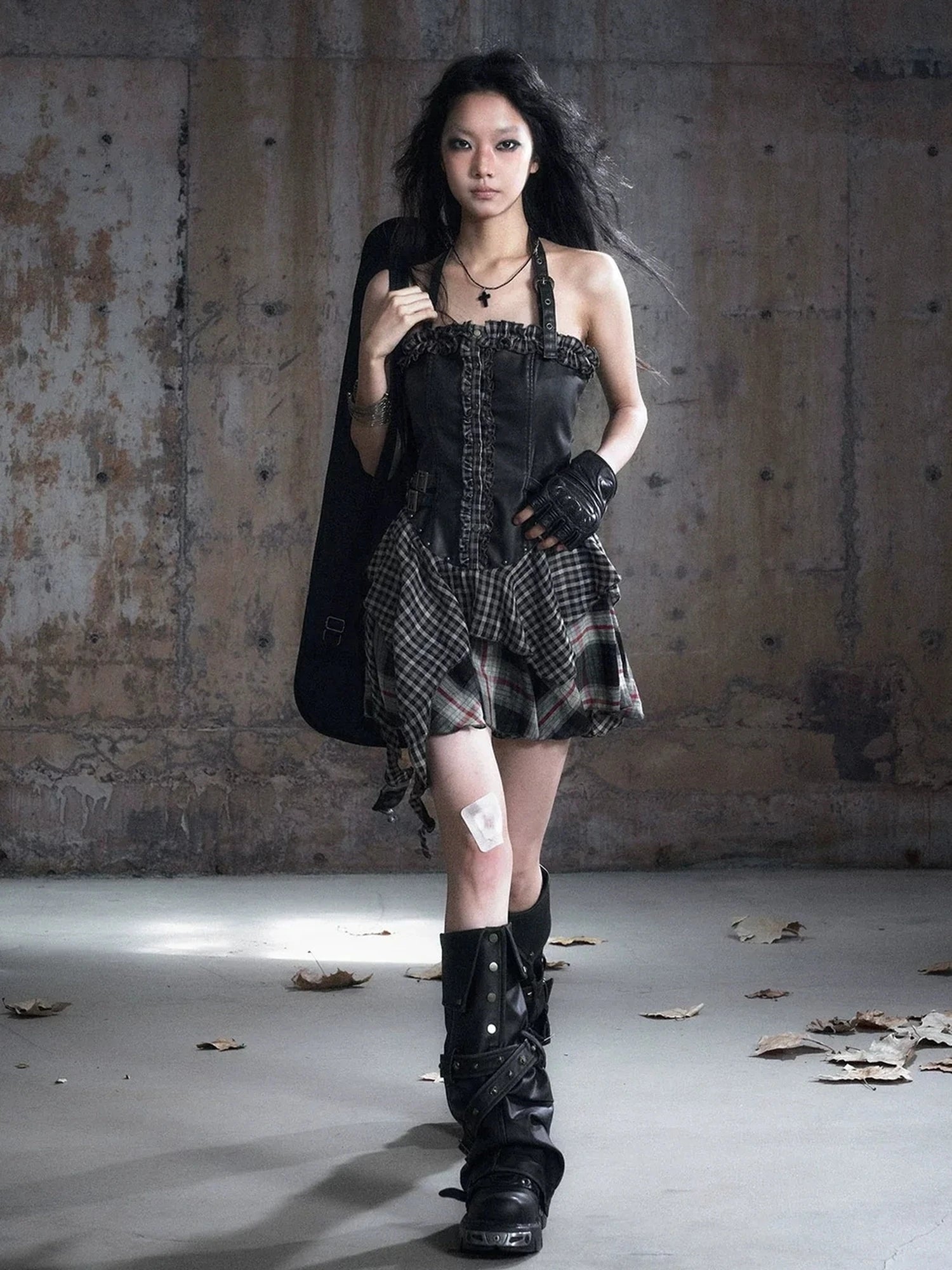 Chinese Clothing Cest Nous Update Punk Plaid Velvet Slip V-neck Dress
