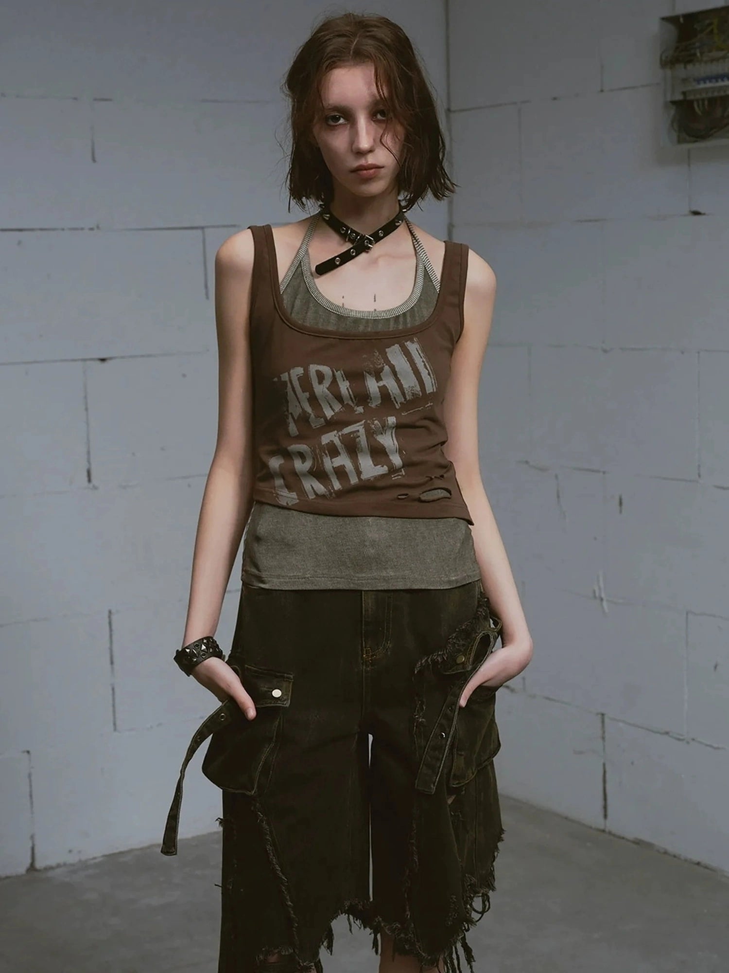 Chinese Clothing Cest Nous Update Punk Print Layered Camisole V-neck T-shirt Long Sleeve