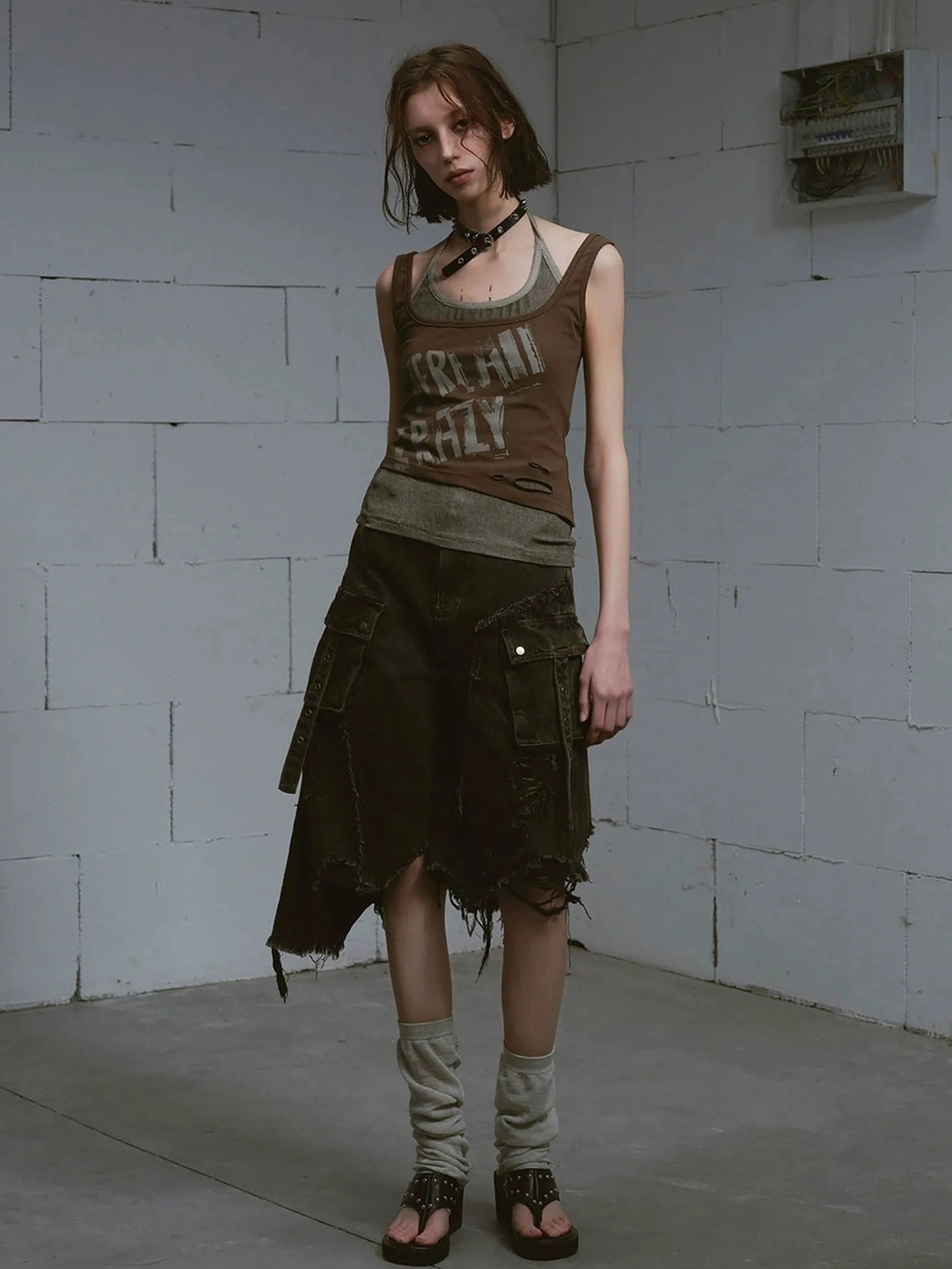 Chinese Clothing Cest Nous Update Punk Print Layered Camisole V-neck T-shirt Long Sleeve