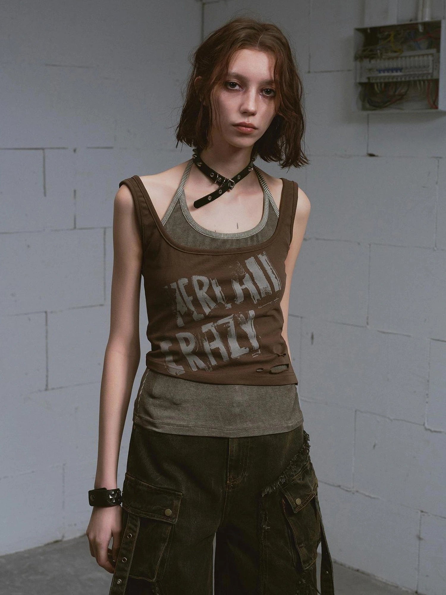 Chinese Clothing Cest Nous Update Punk Print Layered Camisole V-neck T-shirt Long Sleeve