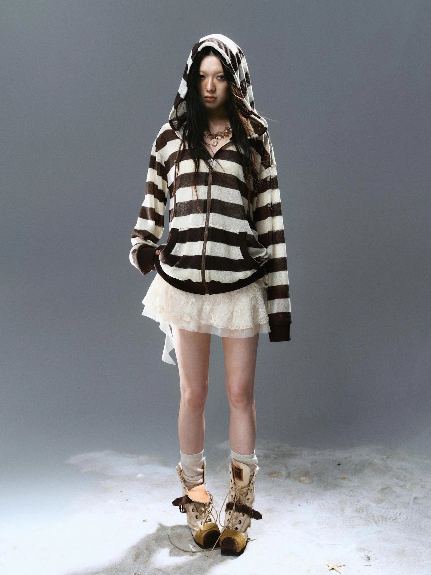 Chinese Clothing Cest Nous Update Punk Stripe Hollow Knit Hooded Sunshield Cardigan