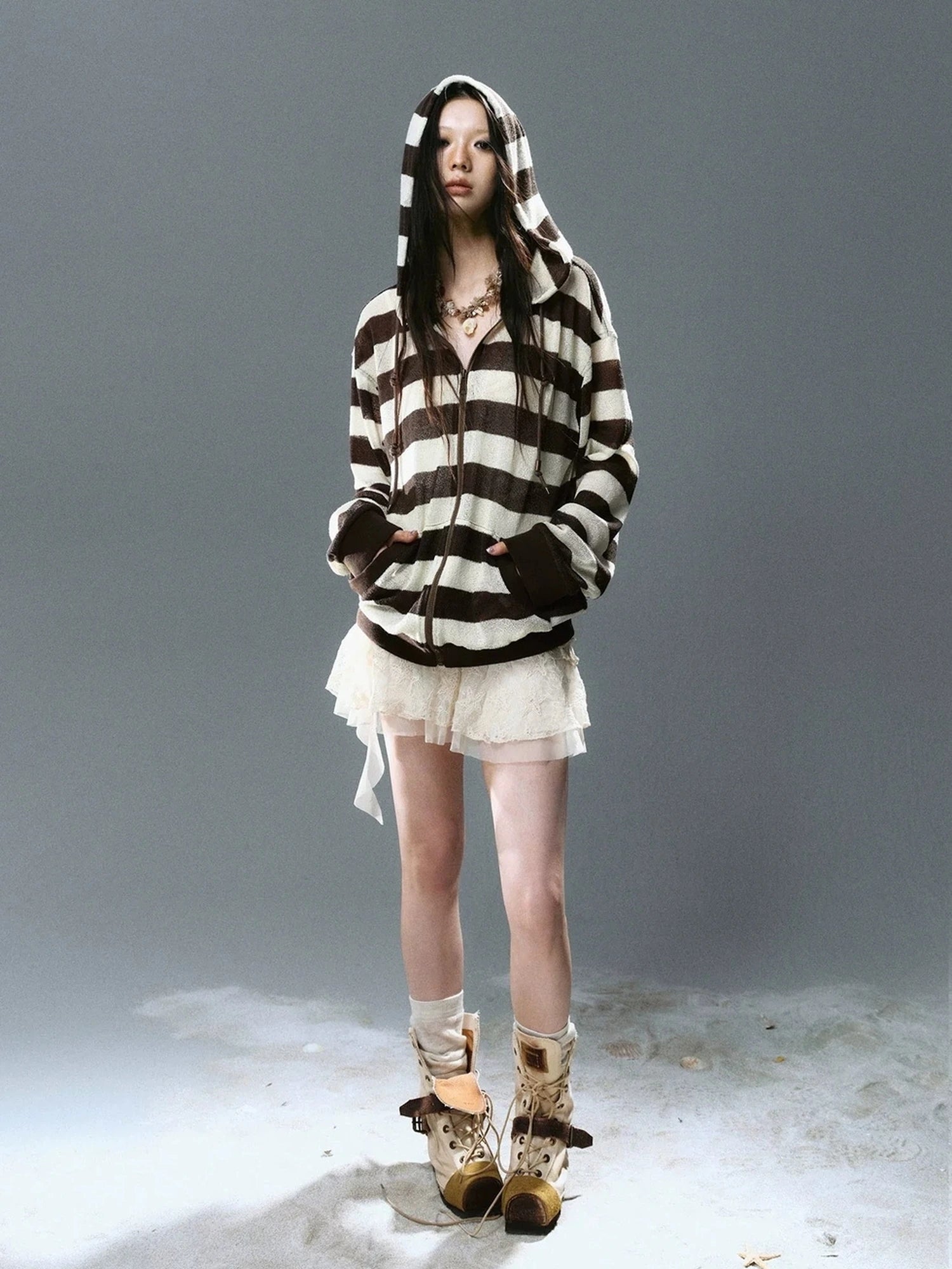 Chinese Clothing Cest Nous Update Punk Stripe Hollow Knit Hooded Sunshield Cardigan