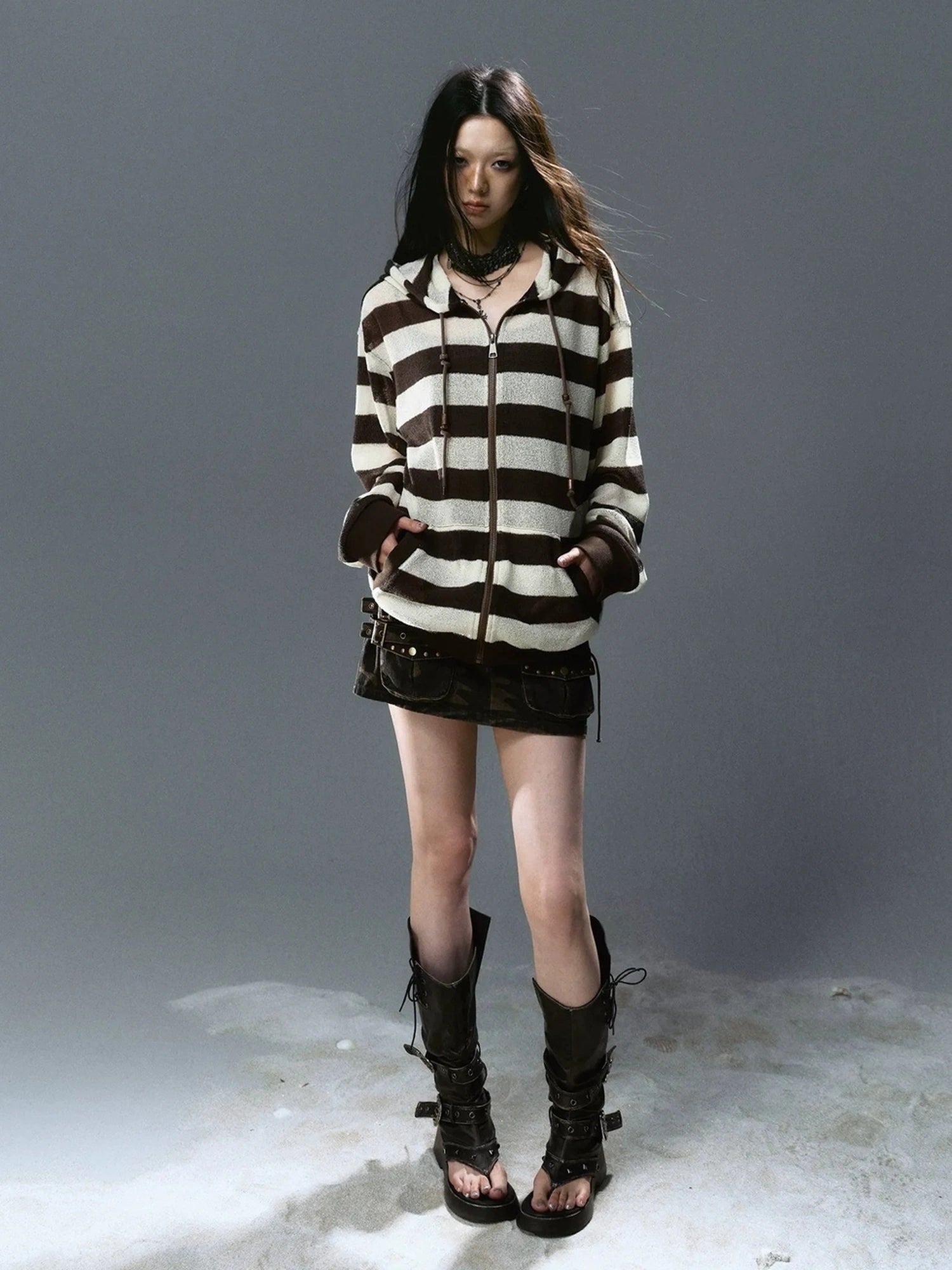 Chinese Clothing Cest Nous Update Punk Stripe Hollow Knit Hooded Sunshield Cardigan