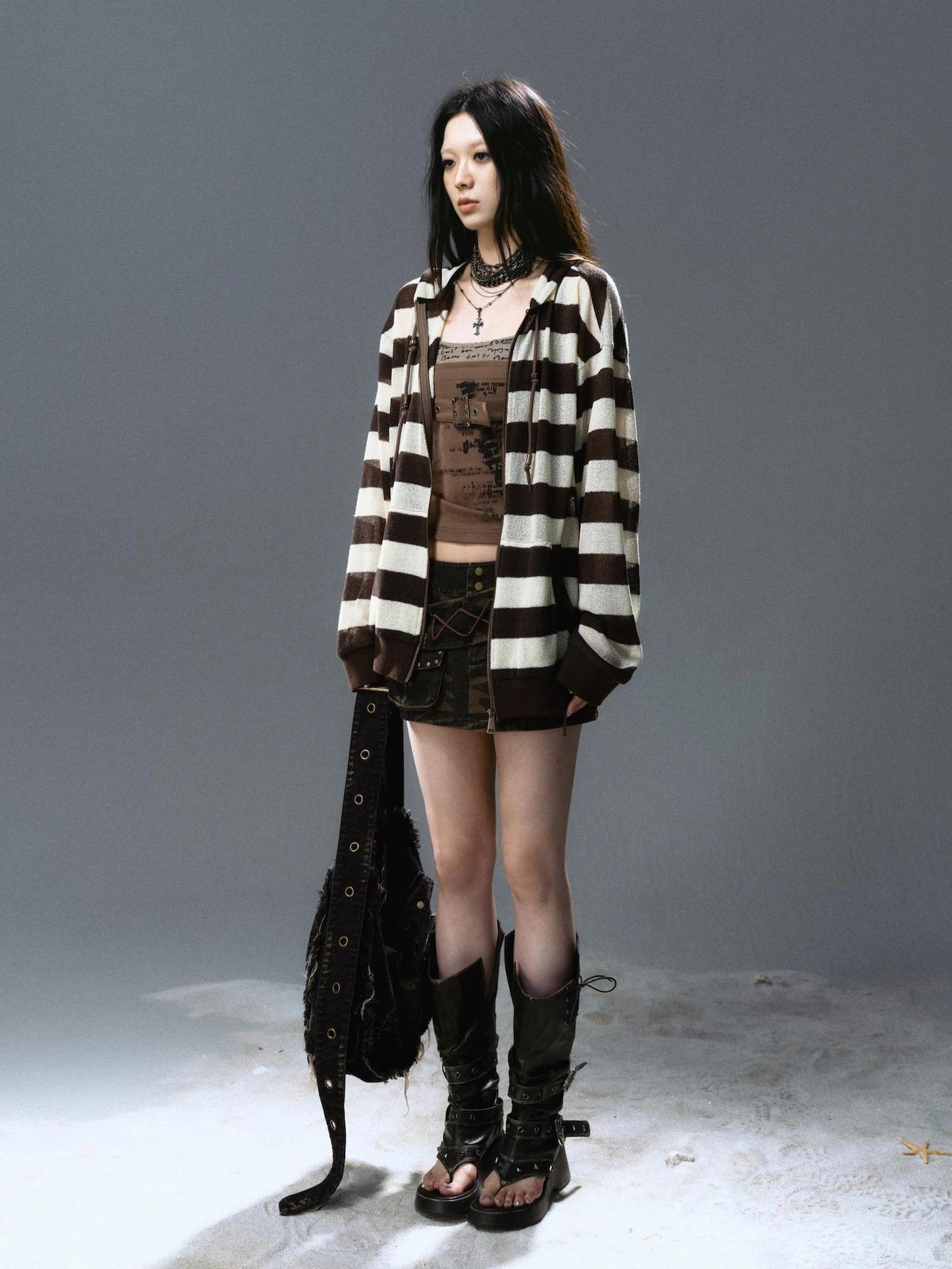 Chinese Clothing Cest Nous Update Punk Stripe Hollow Knit Hooded Sunshield Cardigan