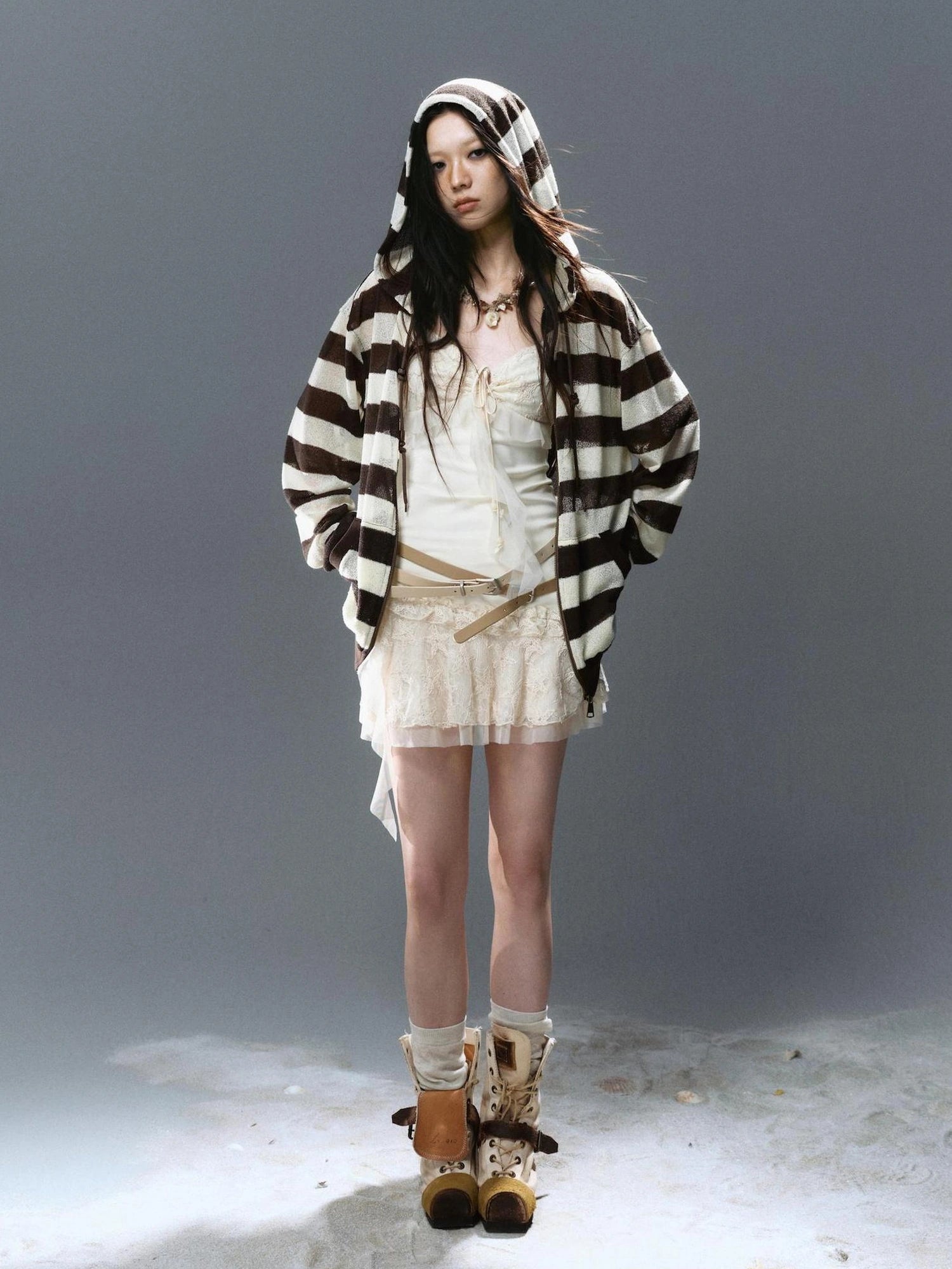 Chinese Clothing Cest Nous Update Punk Stripe Hollow Knit Hooded Sunshield Cardigan