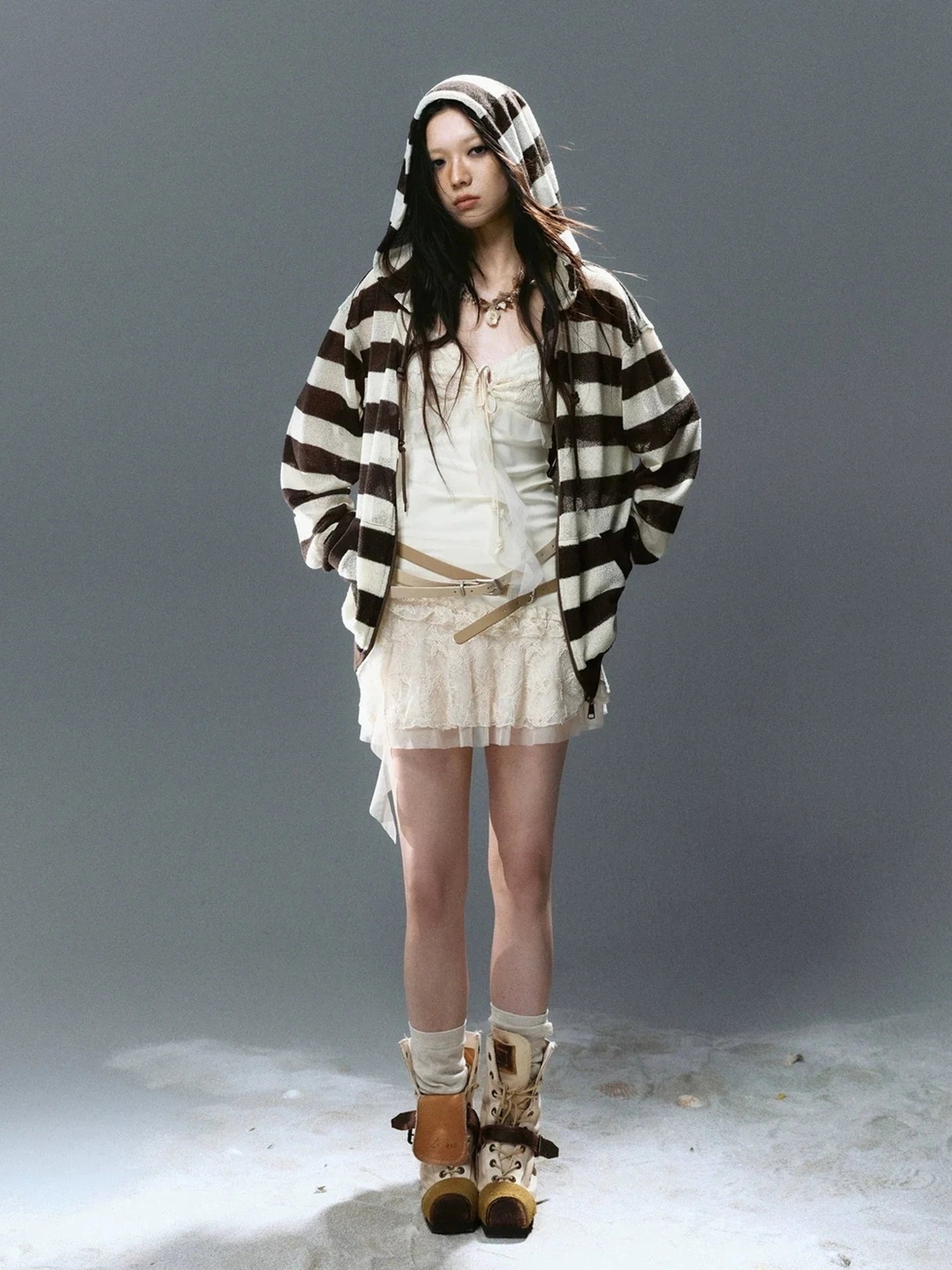 Chinese Clothing Cest Nous Update Punk Stripe Hollow Knit Hooded Sunshield Cardigan