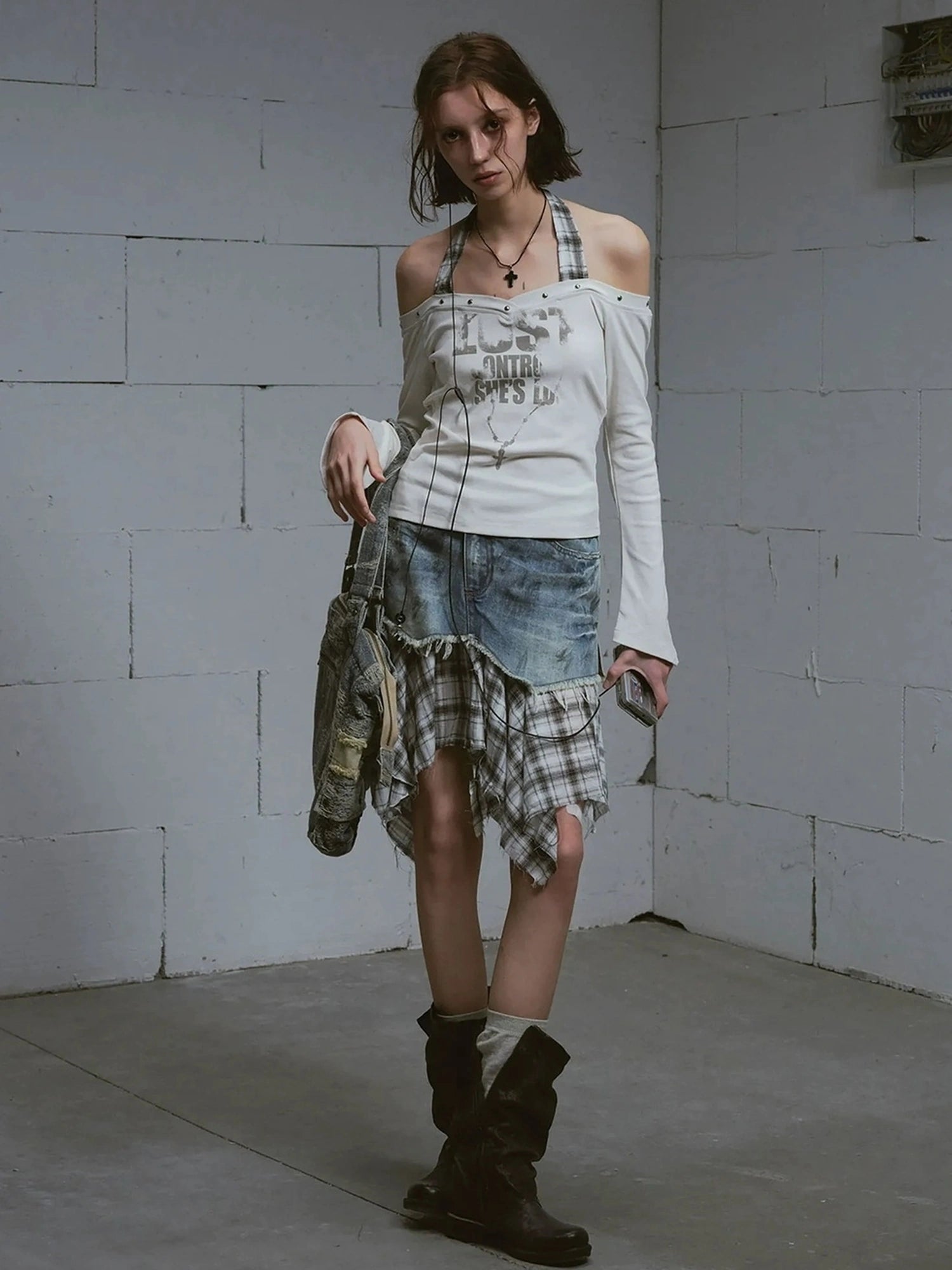 Chinese Clothing Cest Nous Update Punk Studded Off Shoulder Graphic Top