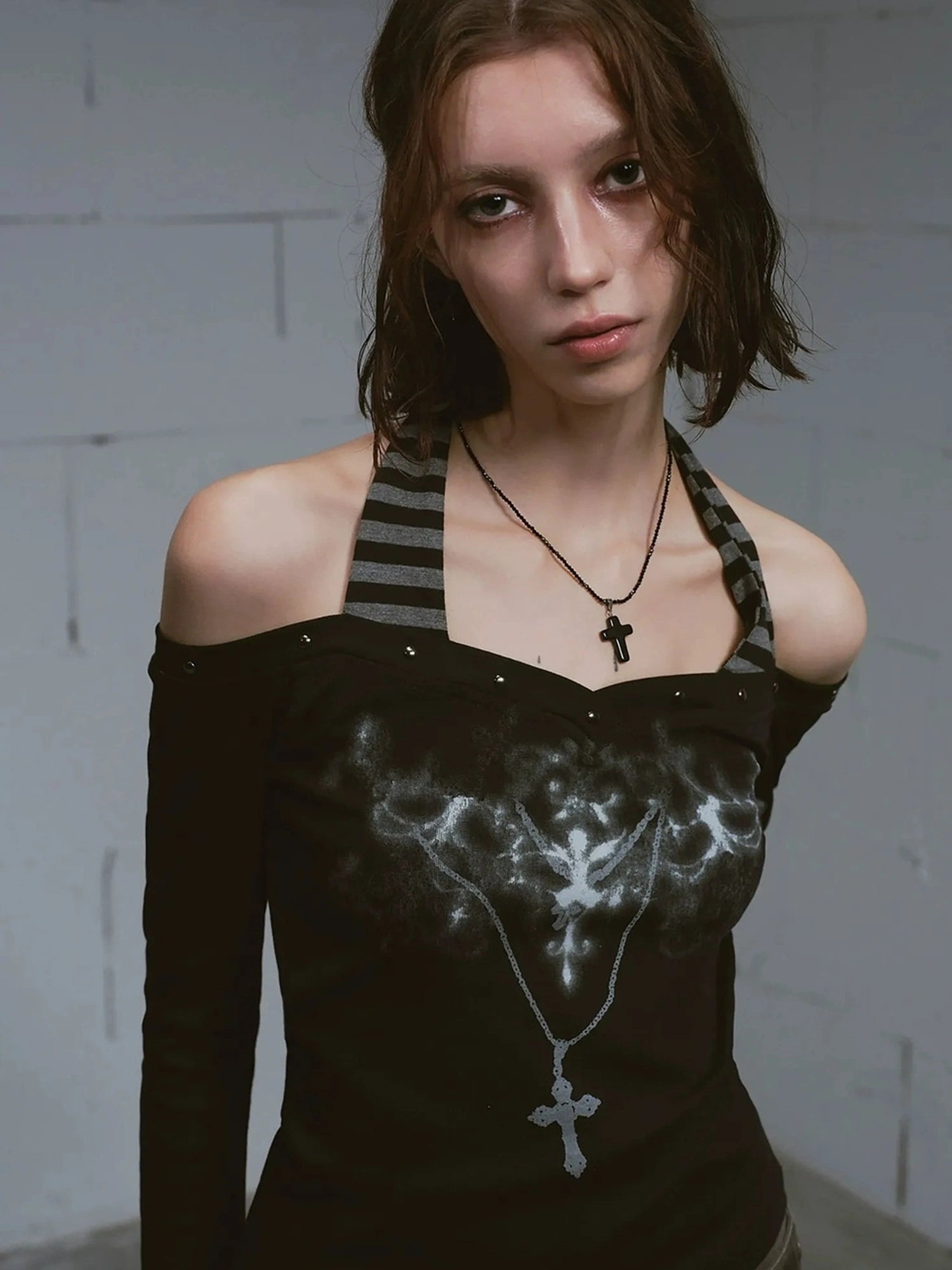 Chinese Clothing Cest Nous Update Punk Studded Off Shoulder Graphic Top