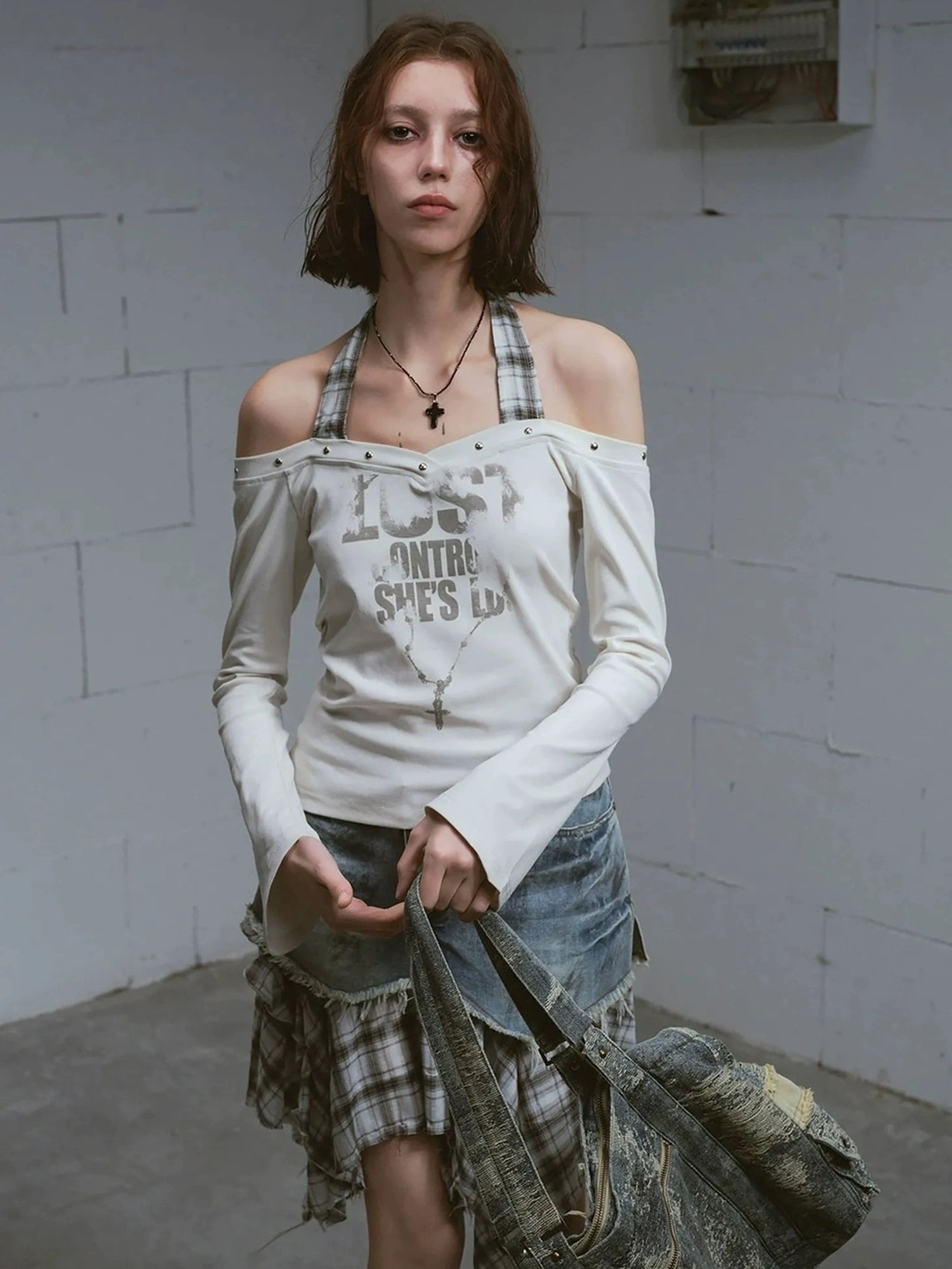 Chinese Clothing Cest Nous Update Punk Studded Off Shoulder Graphic Top