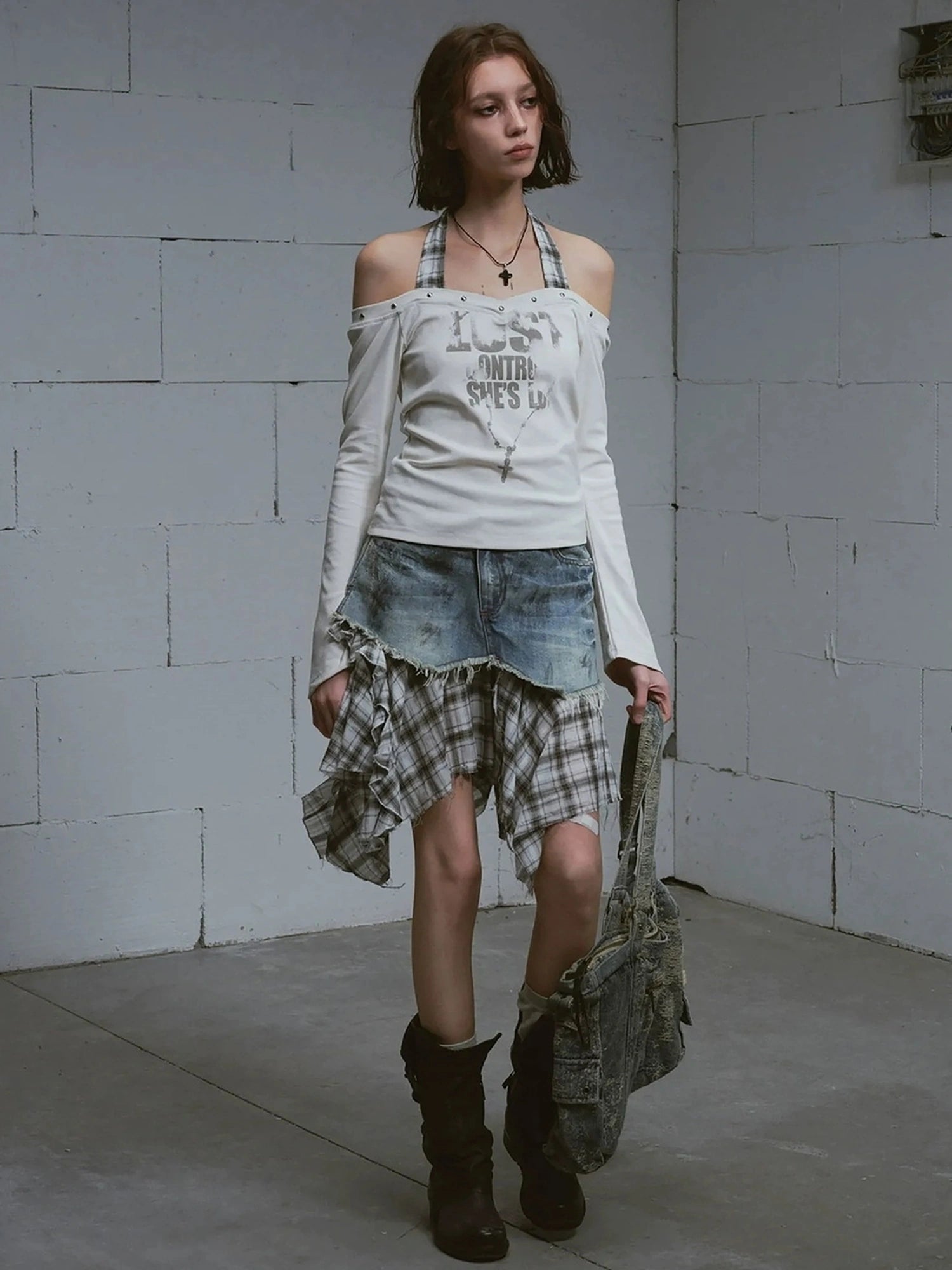 Chinese Clothing Cest Nous Update Punk Studded Off Shoulder Graphic Top