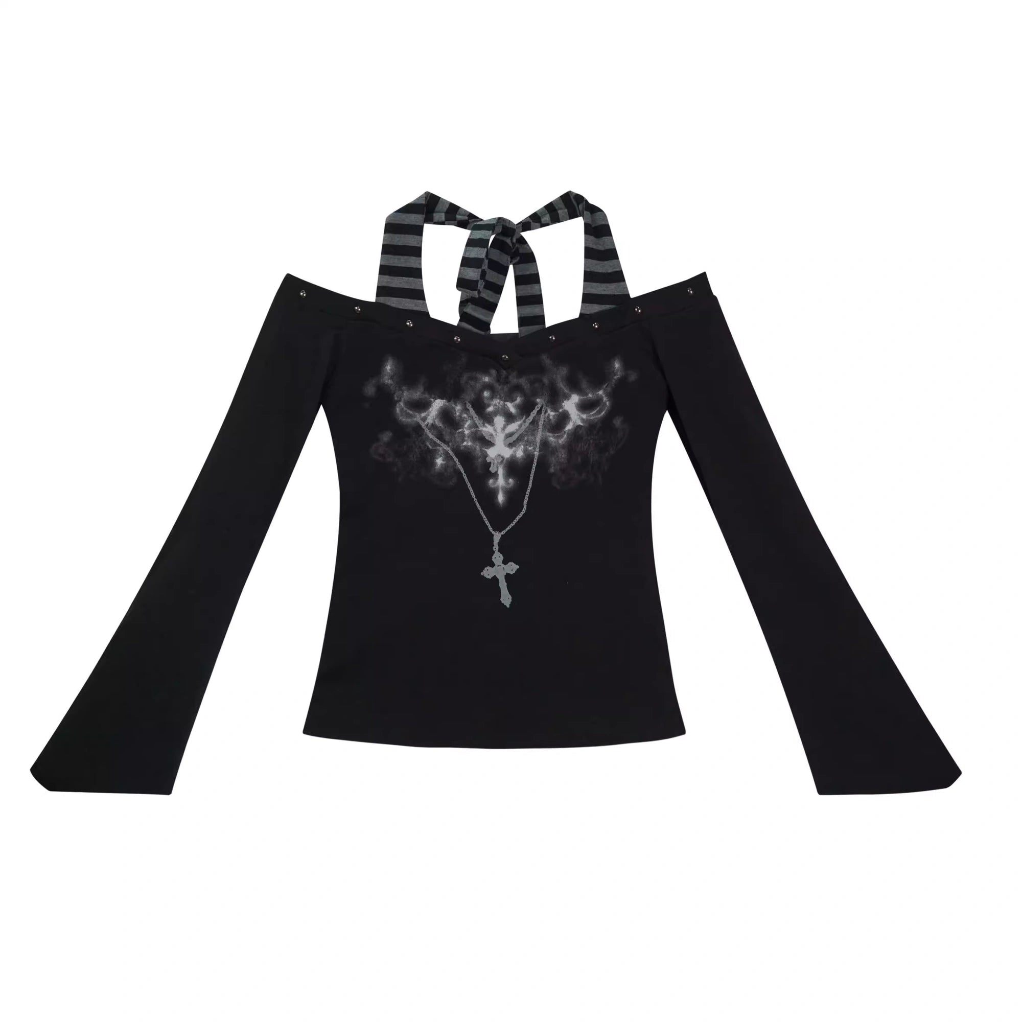 Chinese Clothing Cest Nous Update Punk Studded Off Shoulder Graphic Top MISSTT