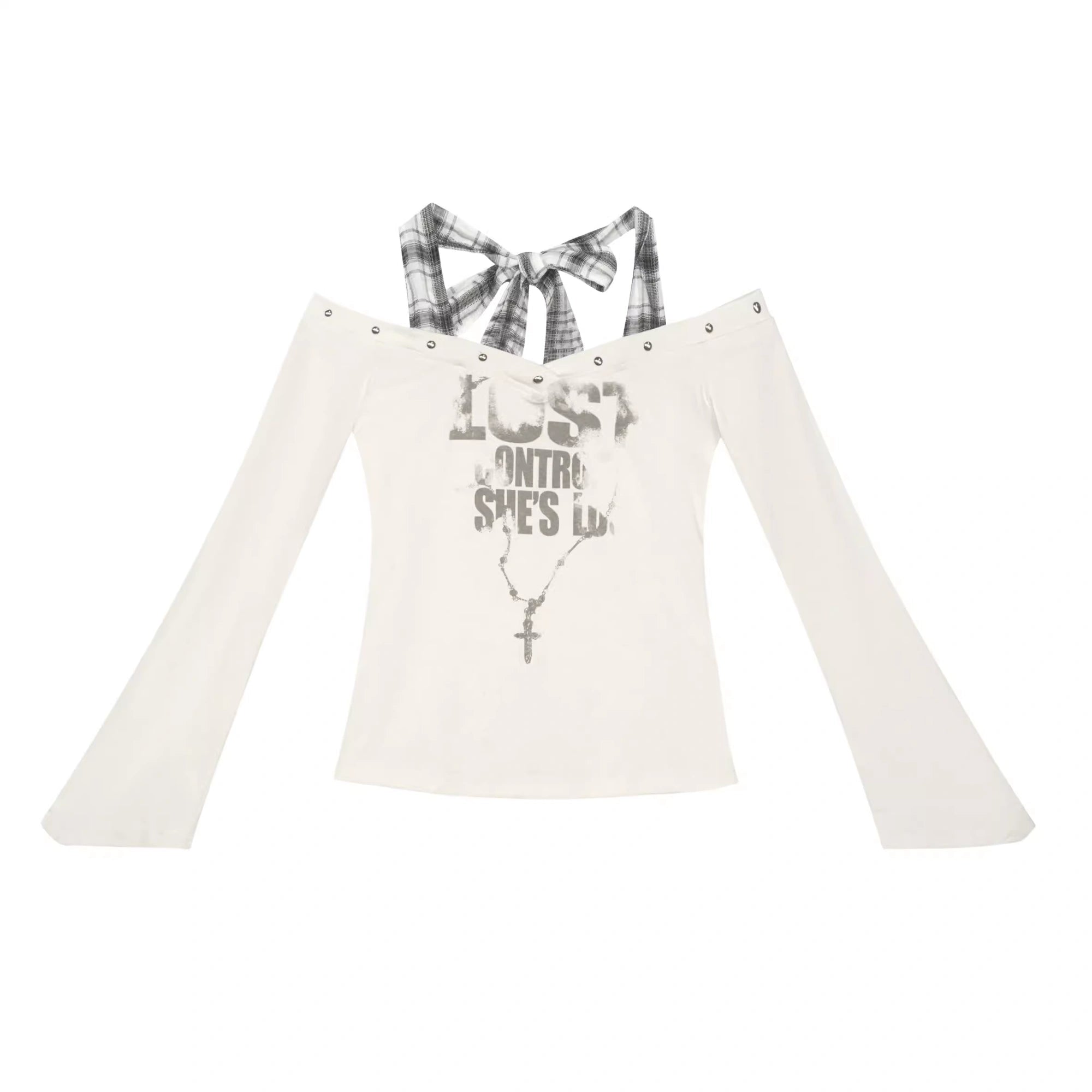 Chinese Clothing Cest Nous Update Punk Studded Off Shoulder Graphic Top MISSTT