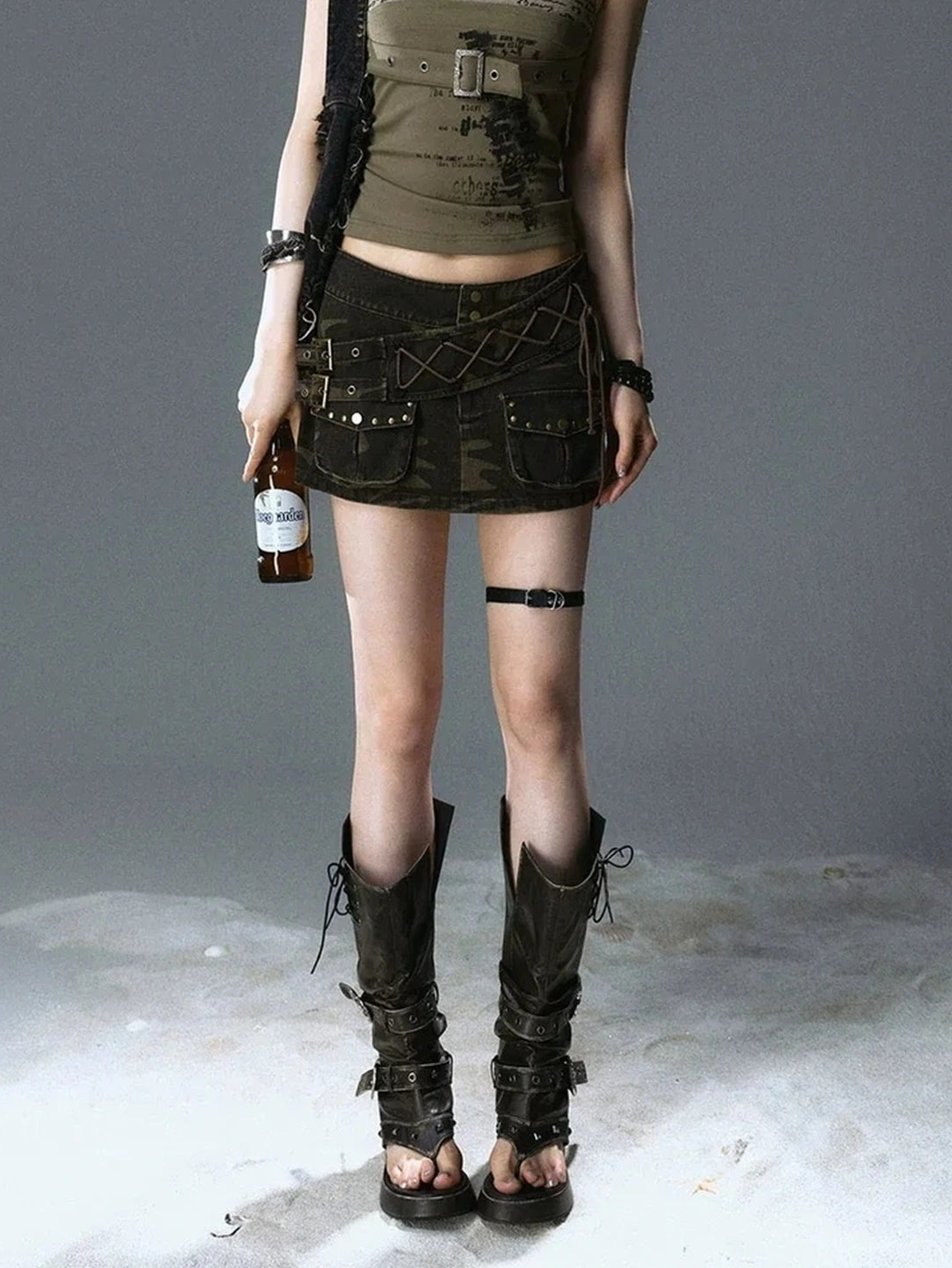 Chinese Clothing Cest Nous Rivet Strap Washed Camo Low Waist Mini Skirt