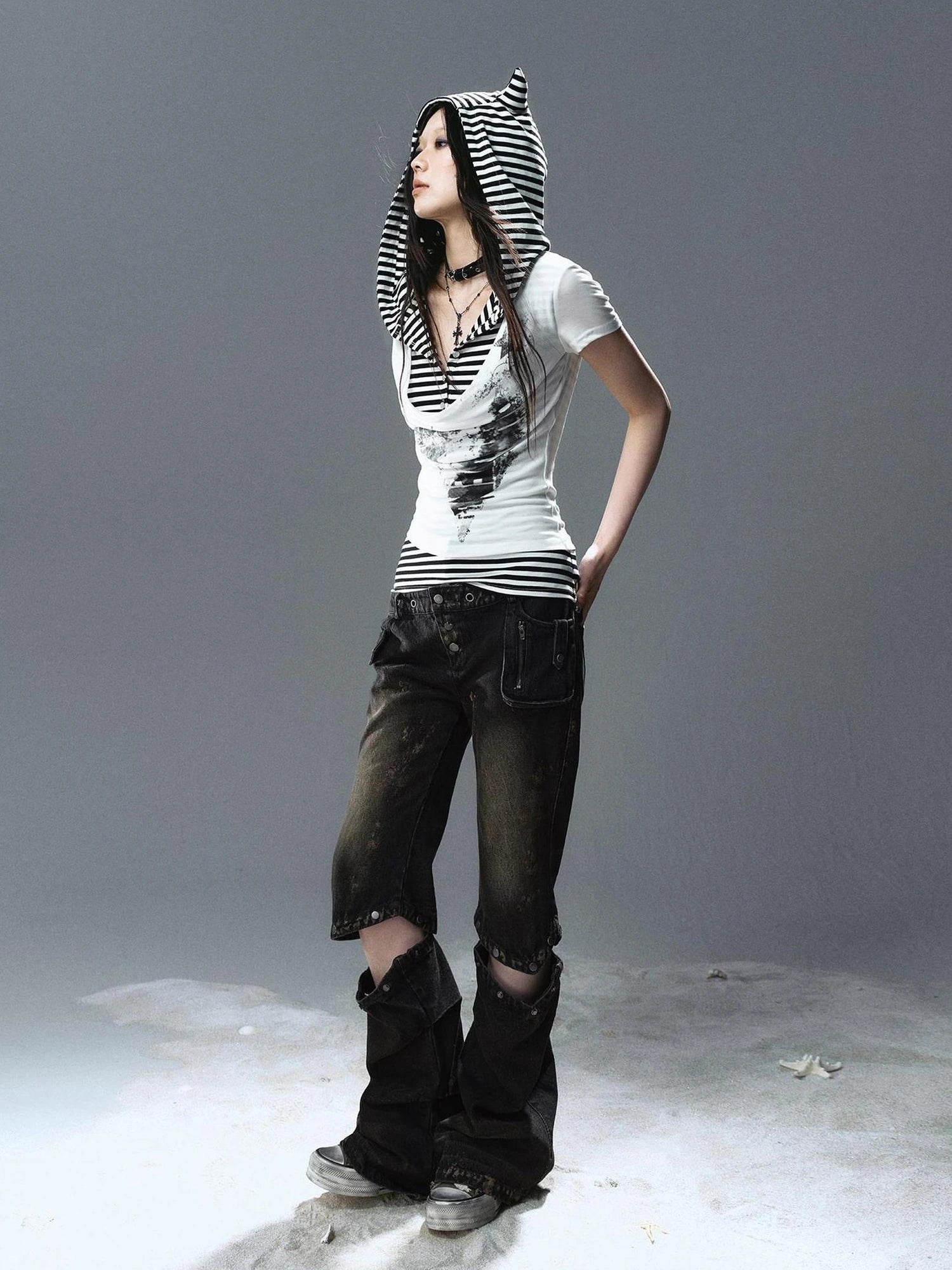 Chinese Clothing Cest Nous Update Striped Cat Ear Layered Hem T-shirt