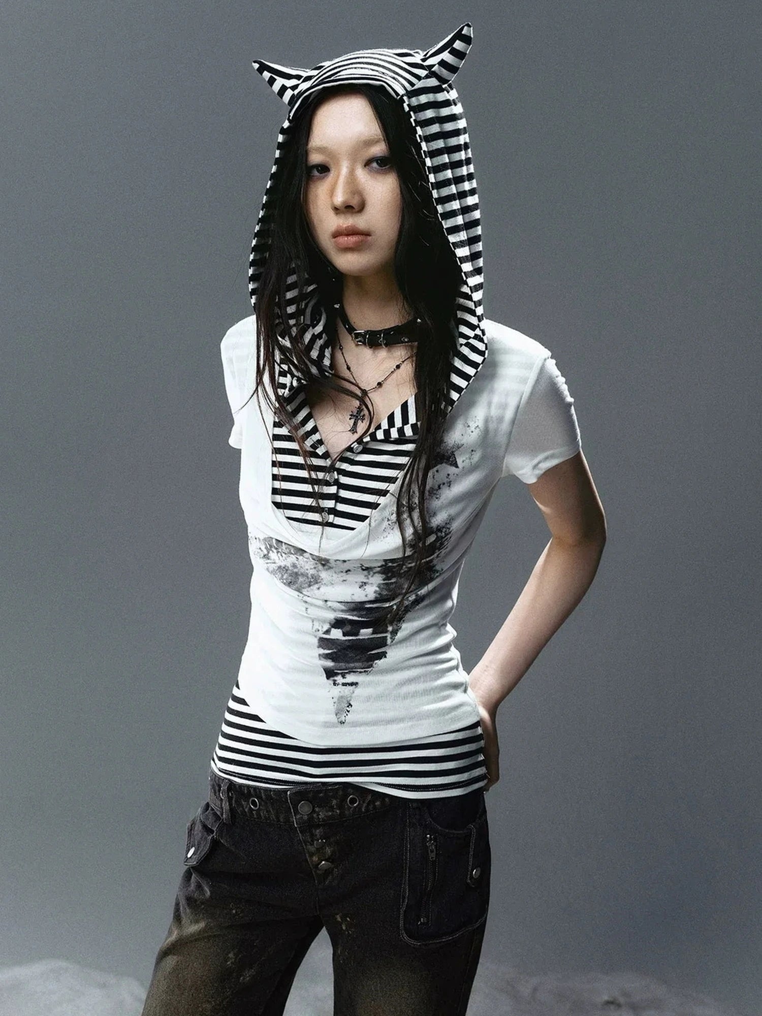 Chinese Clothing Cest Nous Update Striped Cat Ear Layered Hem T-shirt