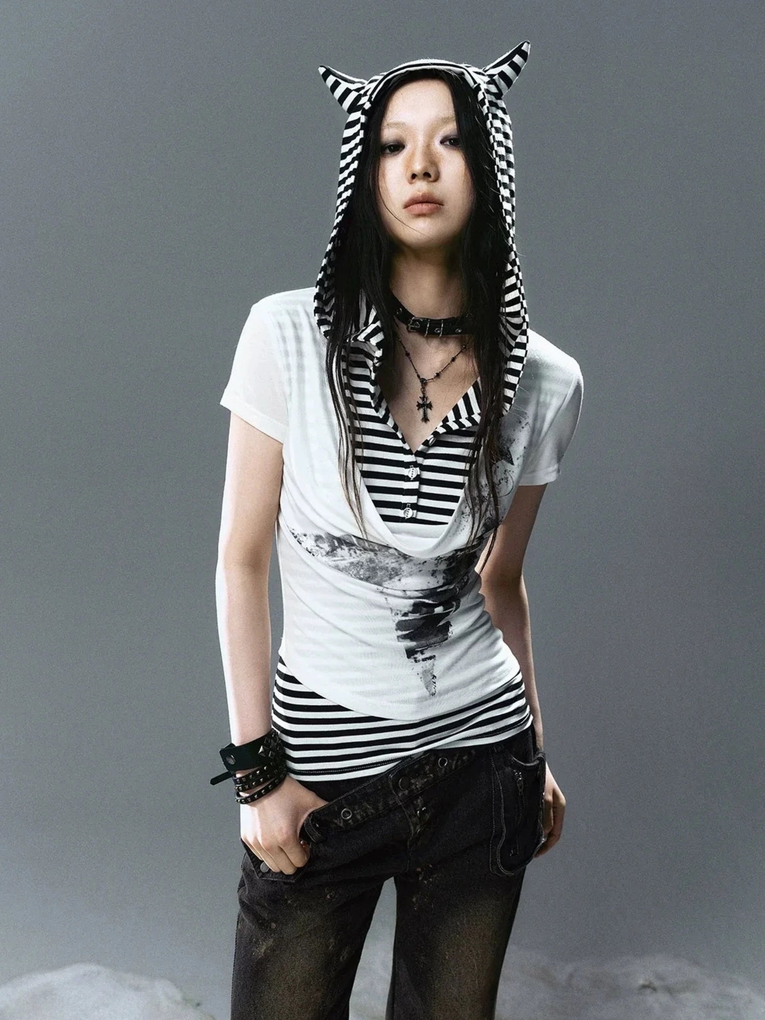 Chinese Clothing Cest Nous Update Striped Cat Ear Layered Hem T-shirt