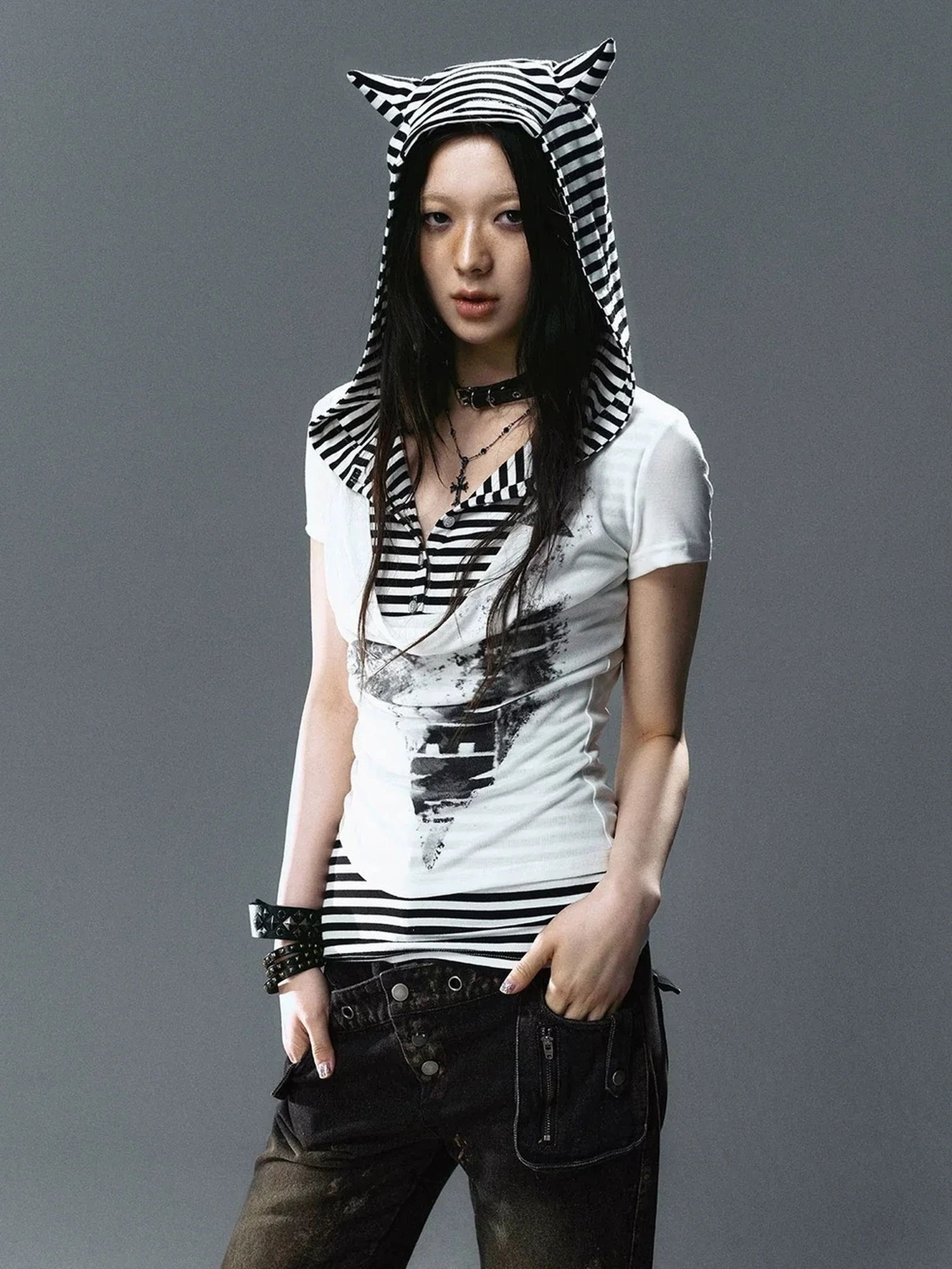 Chinese Clothing Cest Nous Update Striped Cat Ear Layered Hem T-shirt
