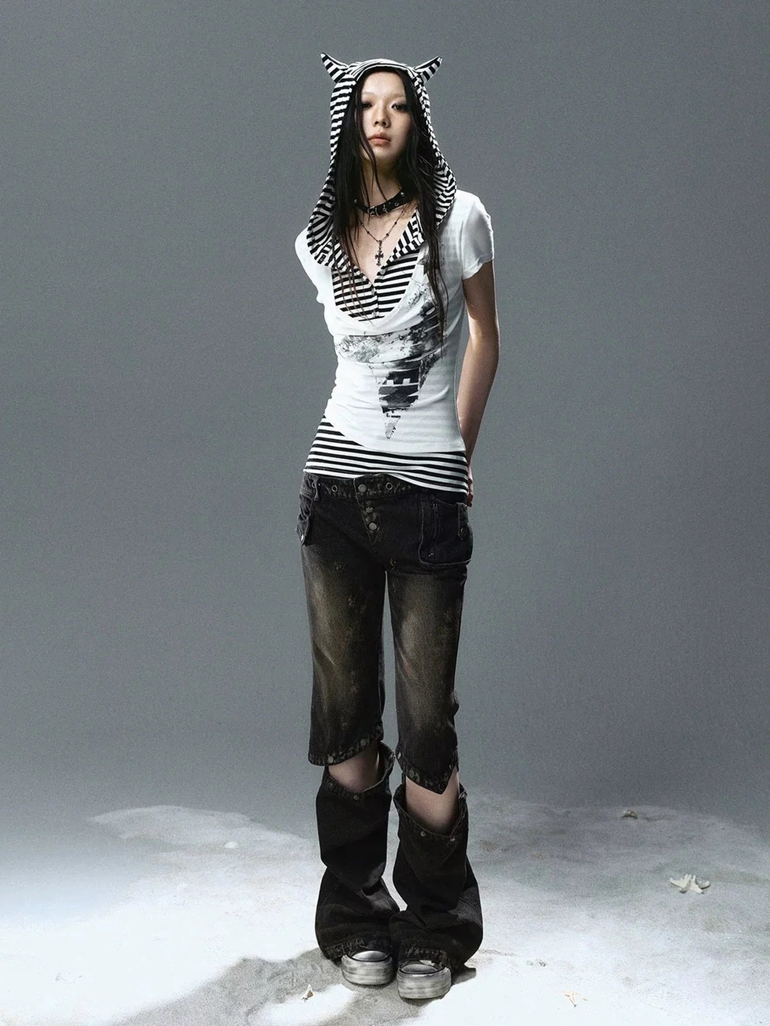 Chinese Clothing Cest Nous Update Striped Cat Ear Layered Hem T-shirt