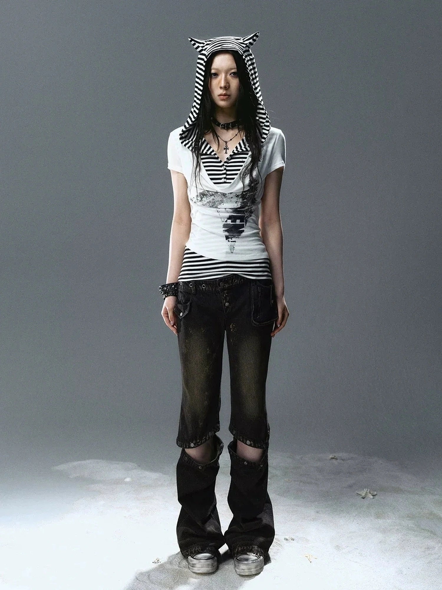 Chinese Clothing Cest Nous Update Striped Cat Ear Layered Hem T-shirt