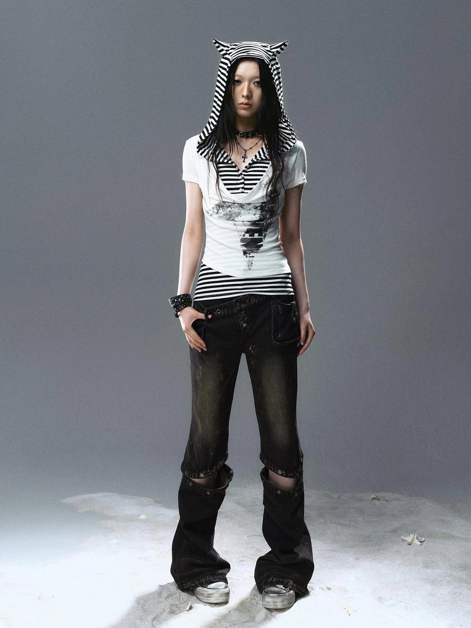 Chinese Clothing Cest Nous Update Striped Cat Ear Layered Hem T-shirt