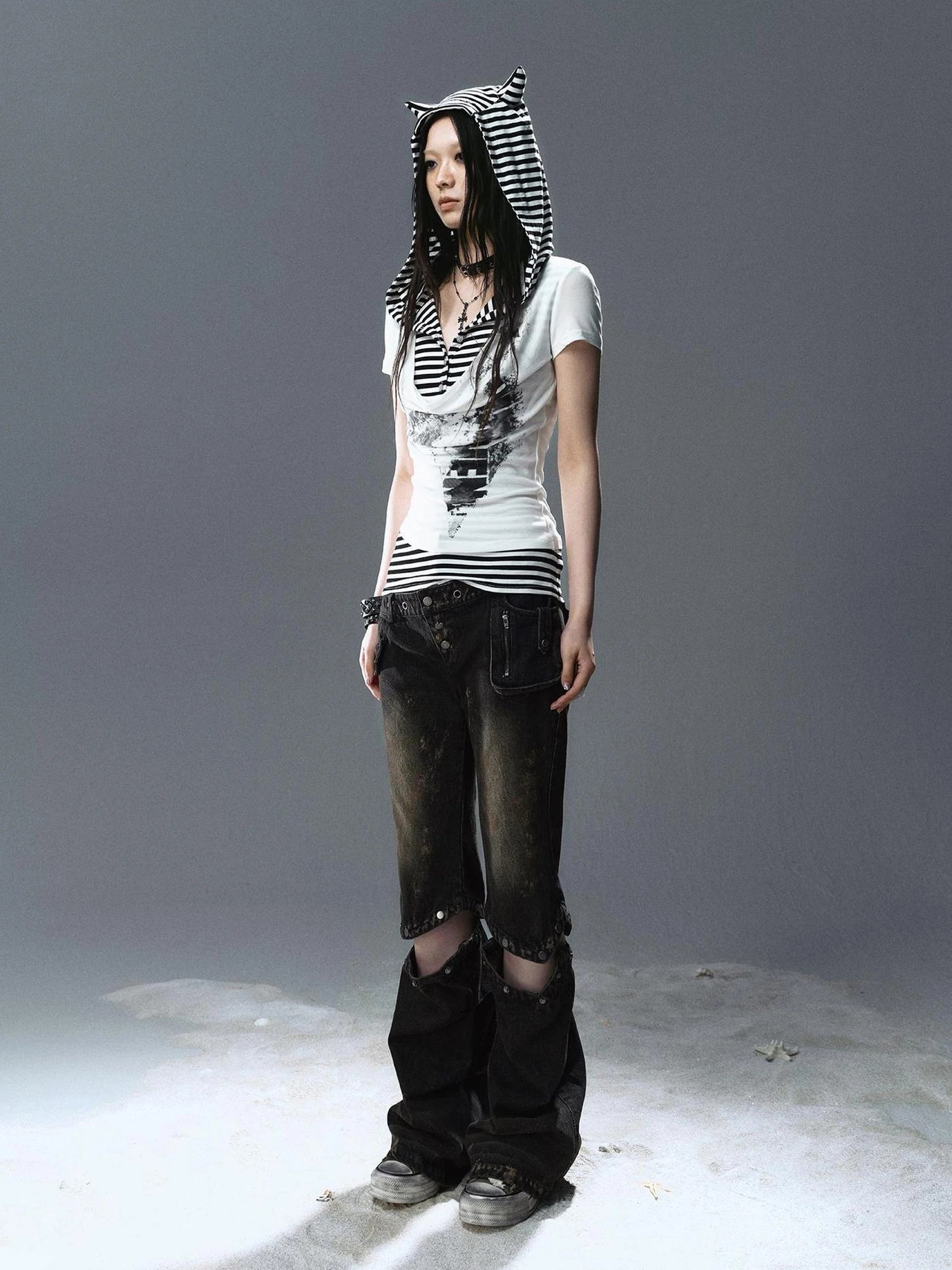 Chinese Clothing Cest Nous Update Striped Cat Ear Layered Hem T-shirt